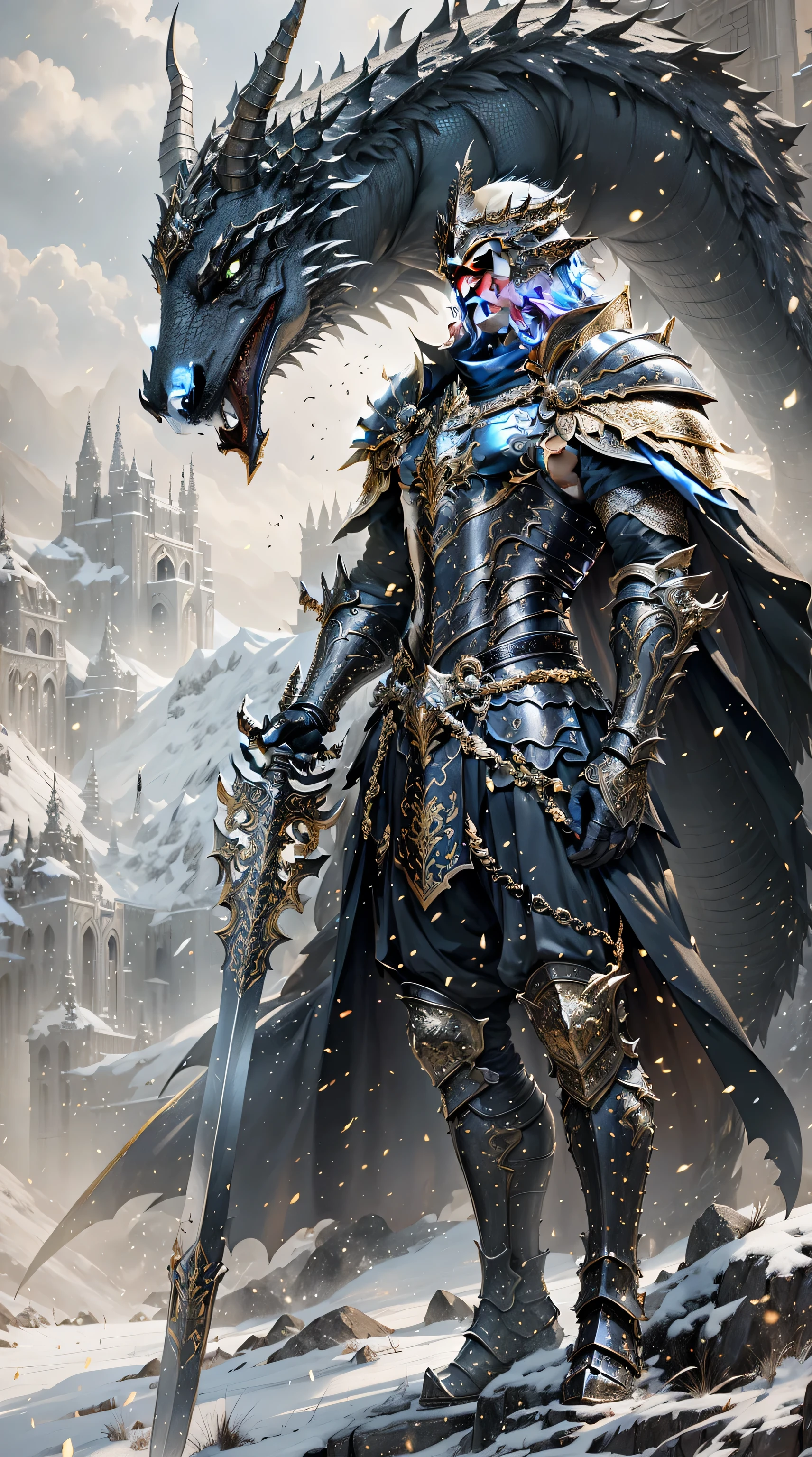 Craft an imposing and majestic wallpaper featuring a noble Dragon warrior,portrayed from the knee up,dressed in detailed dragon bone and scale armor. The armor,steeped in monochromatic golden and gray tones,is accentuated with gold accents,adding a regal touch to its intricate design that boats elven characteristics. This formidable warrior standard proudly atop majestic,exuding power and authority. The dragon's scales shimmer with the same monochromatic elegance,mirroring the warrior's armor,creating a harmonious and intimidating presence. The warrior's demeanor is calm yet commanding,with a sword sheathed at his side,the hilt visible and designed to match the elaborate detail of his armour. The composition focuses on showcasing the warrior's full stature from the kink,emphasizing his pride state and the unique,ornate details of his armor against ancient the backdrop of a subdued,ethereal landscape that highlights the duo's nobility and strength. The overall mood is one of awe-inspiring power and majesty,encapsulated in a palette that emphasizes shades of black,gray,and strategic highlights of gold,enhancing the mystical and noble essence of the scene: dry pen oil color_song of ice and fire illustration style_SDXL_v1.0:0.8>,