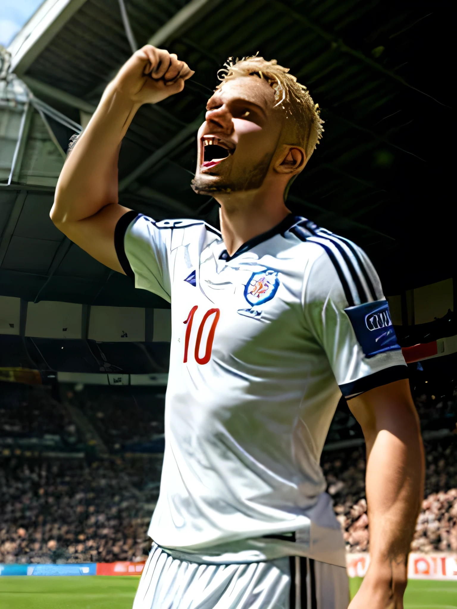 Arab soccer midfielder. 22 years old. Blonde hair. Short hairstyle. White teeth. Smiling. Round chin. Trimmed beard. White skin.. Dramatic light. Male. Black jersey. Masterpiece, best quality, 4k, very detailed. Male. Celebrating goal. Epic celebration