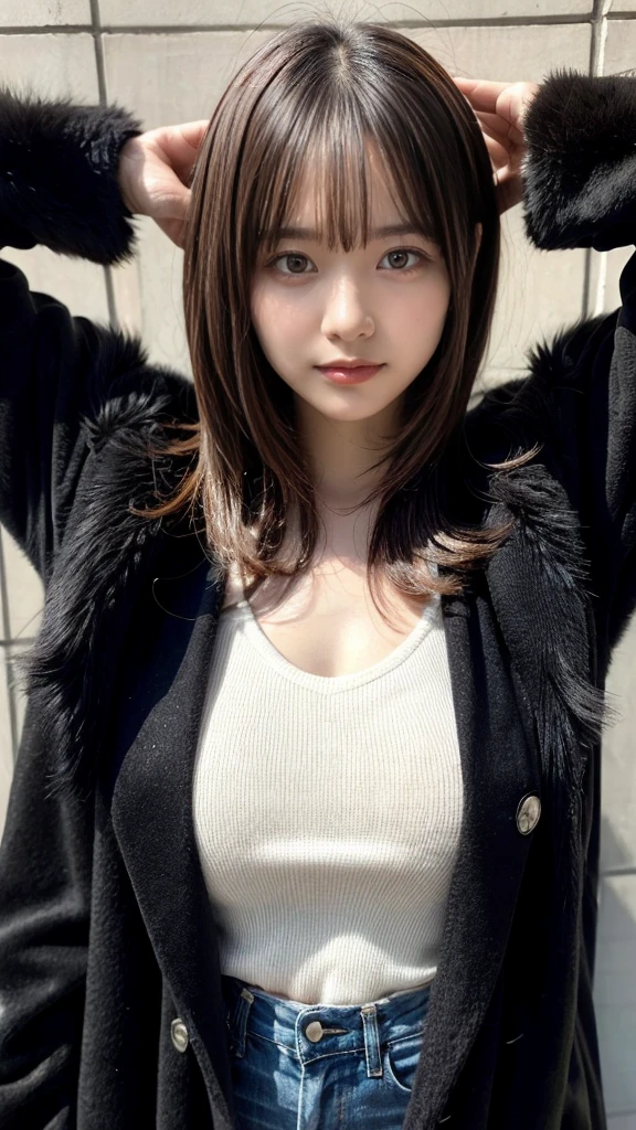 With bangs,Beautiful black hair,Woman with straight medium bob cut,,,21-year-old female,(((No hat))),Aspacarina,((Shy expression)),huge breasts,,Very beautiful eyes, ,(((Wearing a tattered black coat))),white sweater,(make:1.4),Big eyes,Hip Hop Dancer,Gangster style long pants,8k,High resolution,Gangster style,(head shot:1.5), hotel room