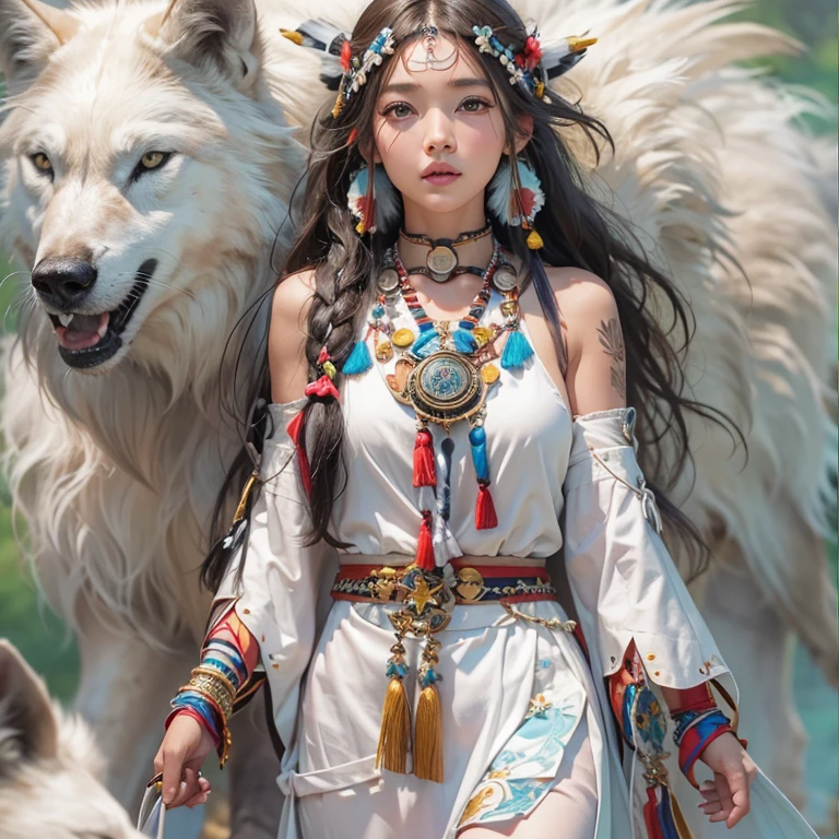 Shirakami-Sanchi、Hair flow、 ((highest quality、masterpiece、8k、Best image quality、Ultra-high resolution、Award-winning works)、(Accurate ???????:1.1)、(Look at me and smile:1.1)、Shining fair skin with Ultra-high resolution、The most detailed face、Ultra-high resolution detailed face、Ultra-high resolutionの髪の毛、(Ultra-high resolutionの煌めく瞳:1.1)、Beautiful face drawn in every detail、(Blurred Background:1.1)、Native American white costume, American Indian Clothing, Chest to chest, tattoo、A real giant condor next to you。Observe the white wolf