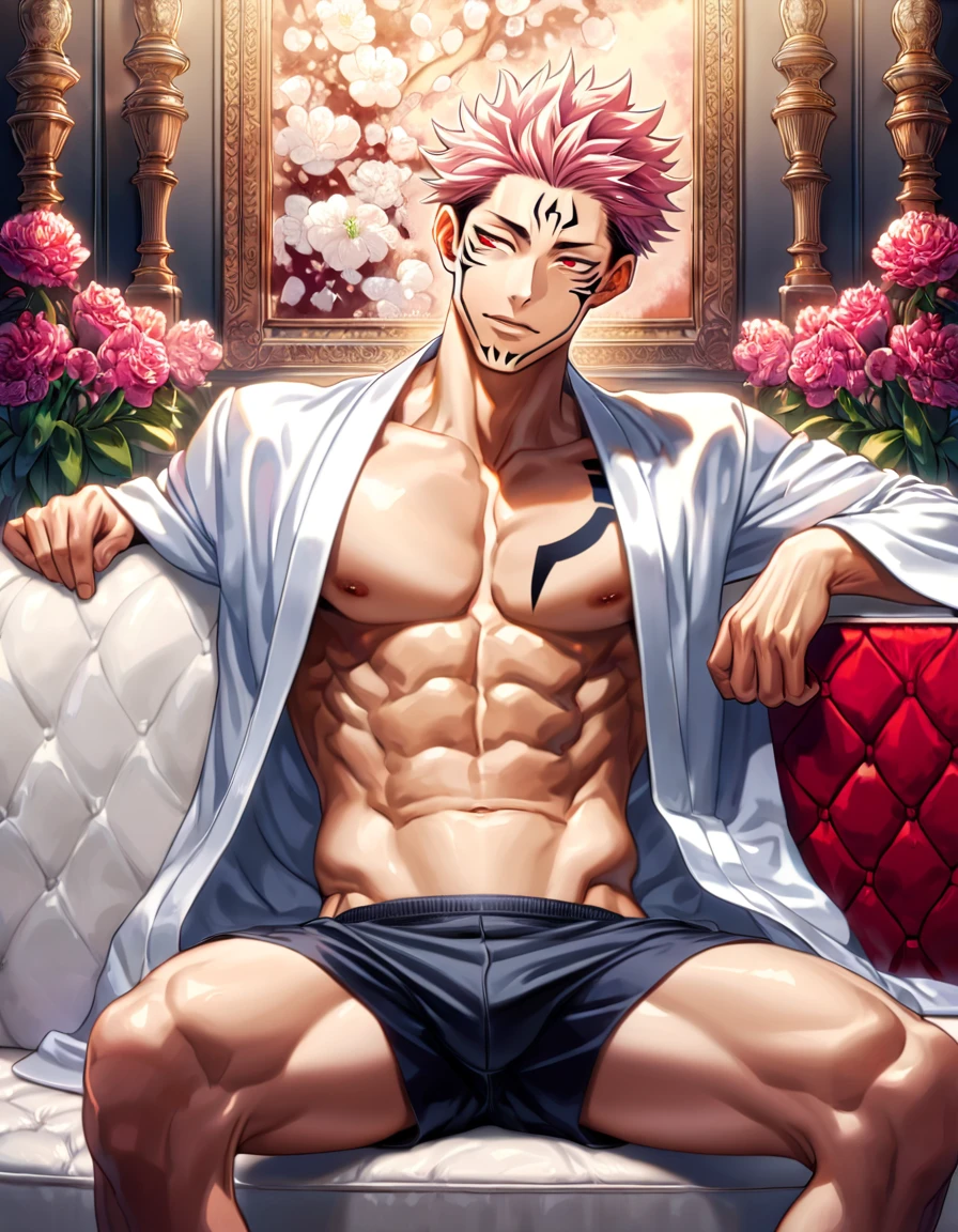 absurdres, highres, ultra detailed, HDR, master piece, best quality, perfect face, Ryomen Sukuna, pink hair, expressive red eyes, jujutsu kaisen, solo, sexy man, handsome, toned chest, horny, sensual, erotic, white haori, black boxers, couch, sitting, flowers, petals, room