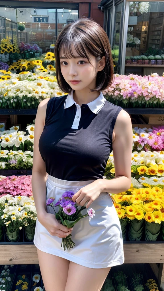 (masterpiece:1.3, top-quality, ultra high res, ultra detailed), (realistic, photorealistic:1.2), beautiful illustration, perfect lighting, natural lighting, colorful, depth of fields, , 
beautiful detailed hair, beautiful detailed face, beautiful detailed eyes, beautiful clavicle, beautiful body, beautiful chest, heavy chest, beautiful thigh, beautiful legs, beautiful fingers, shiny skin, 
looking at viewer, 1 girl, japanese, 22 years old, (perfect anatomy, anatomically correct, super detailed skin), cute and symmetrical face, babyface, perfect face, perfect eyes, perfect fingers,
(short bob hair, straight hair, hair slicked back:1.6, blue hair), parted bangs, dark purple eyes, big eyes, drooping eyes, long eyelashes, faint lips, ((saggy breasts), Don't expose it, seductive thighs), outstanding style, 
(detailed cloth texture, break, sleeveless collared polo shirt, tight skirt, black apron), break, 
(beautiful scenery), ((behind flower shop:1.5)), standing, ((hold a big bouquet:1.2)), (parted lips), 