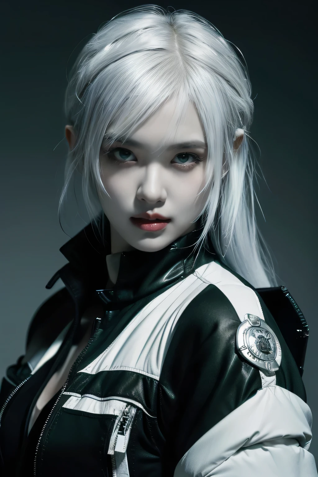tmasterpiece,Best quality,A high resolution,8K,(Portrait photograph:1.5),(ROriginal photo),real photograph,digital photography,(Combination of cyberpunk and fantasy style),(Female soldier),20 year old girl,random hair style,By bangs,(Red eyeigchest, accessories,Redlip,(He frowned,Sneer),(Cyberpunk combined with fantasy style clothing,Openwork design,joint armor,police uniforms,White jacket,Green),exposing your navel,Photo pose,Realisticstyle,Thunder and lightning on rainy day,(Thunder magic),oc render reflection texture