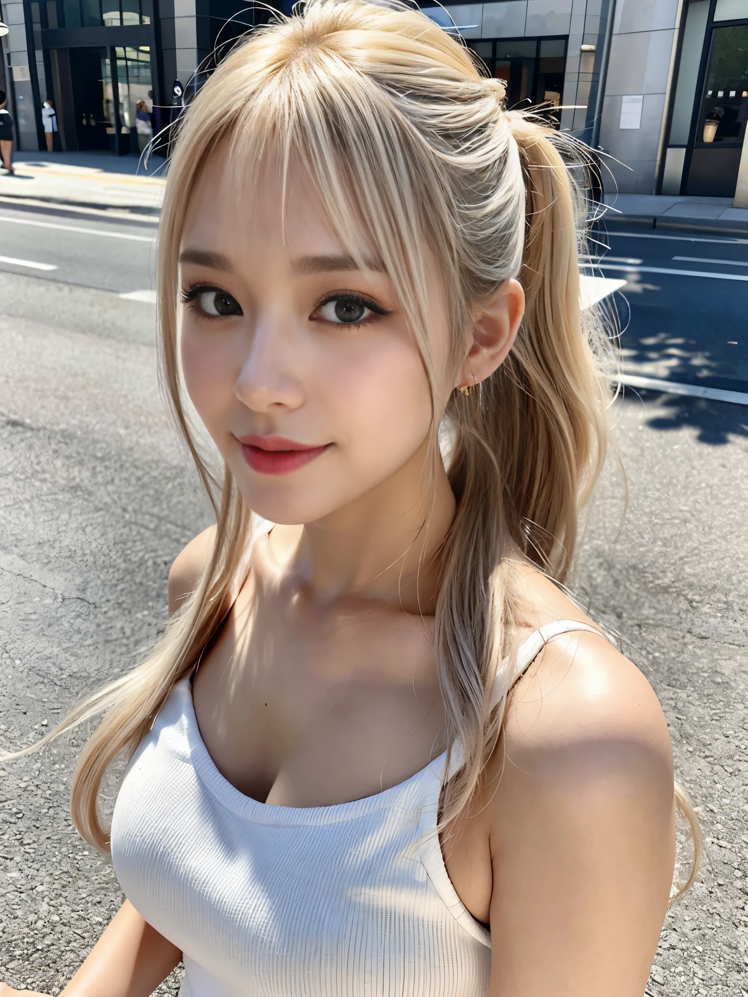 (RAW Photos,Realistic, Photorealistic: 1.4, masterpiece, highest quality), 98k, 1 美しいDay本人女性, alone, 20-year-old, Small face,Cute face:1.2,Smiling, Larger breasts, Exposing cleavage,Beautifully detailed round eyes, Droopy Eyes 1.4, Long platinum blonde hair,(ponytail), (Highly detailed face and skin texture), Beautiful face in golden proportions,White Skin Sexy Dress,Sexy pose, street, Day, sunny Day, close, (View Viewer:1.4)