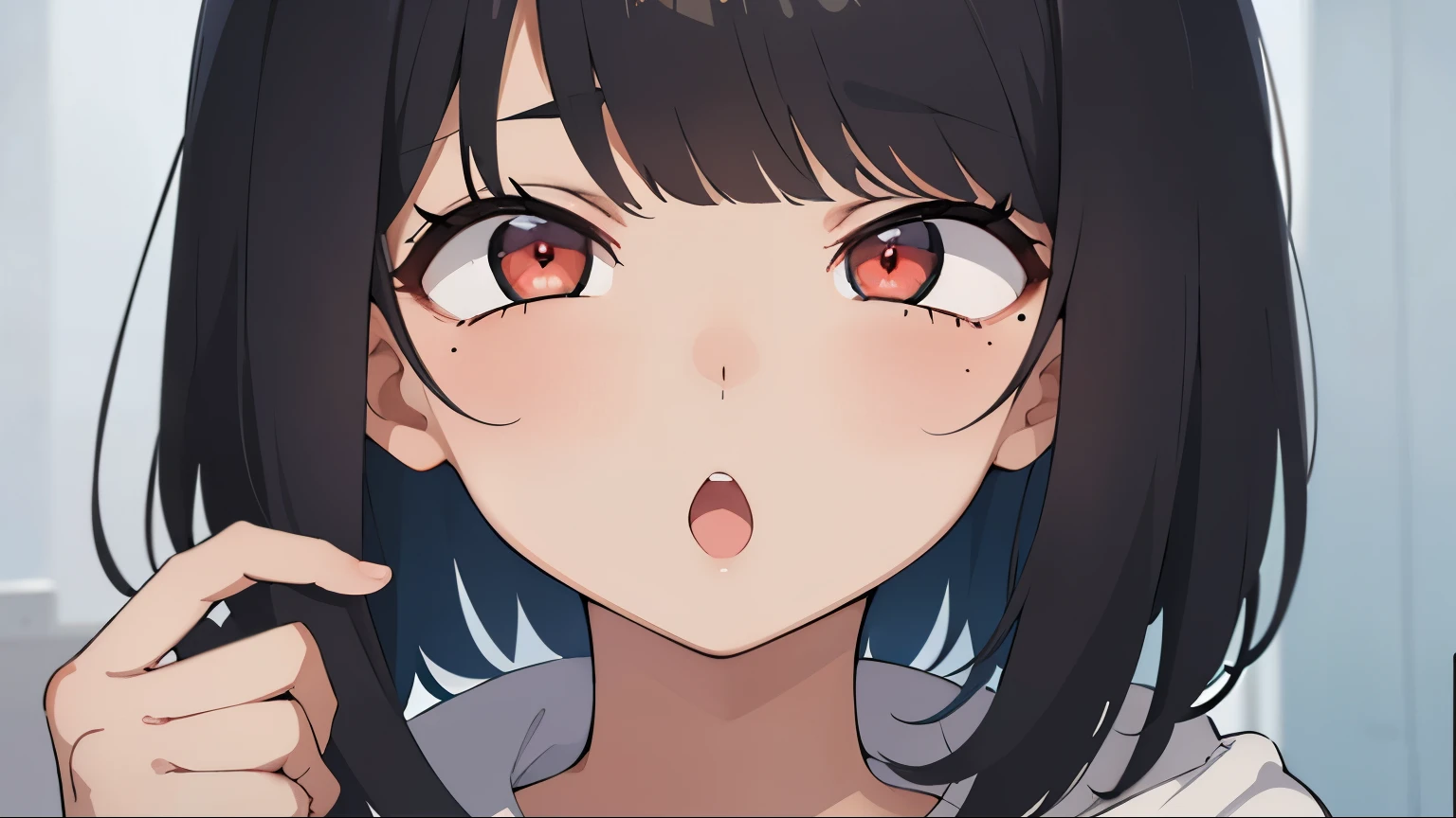 One Girl、Face Up、Looking at the iPhone、high school girl、anime、hoodie、Black Hair、Blunt bangs、Drunk Eyes、Sailor suit、Red eyes、Bobcut、two-tone hair、 High resolution, 1 Girl, Korean, Small mole under eye,Drooping eyes、