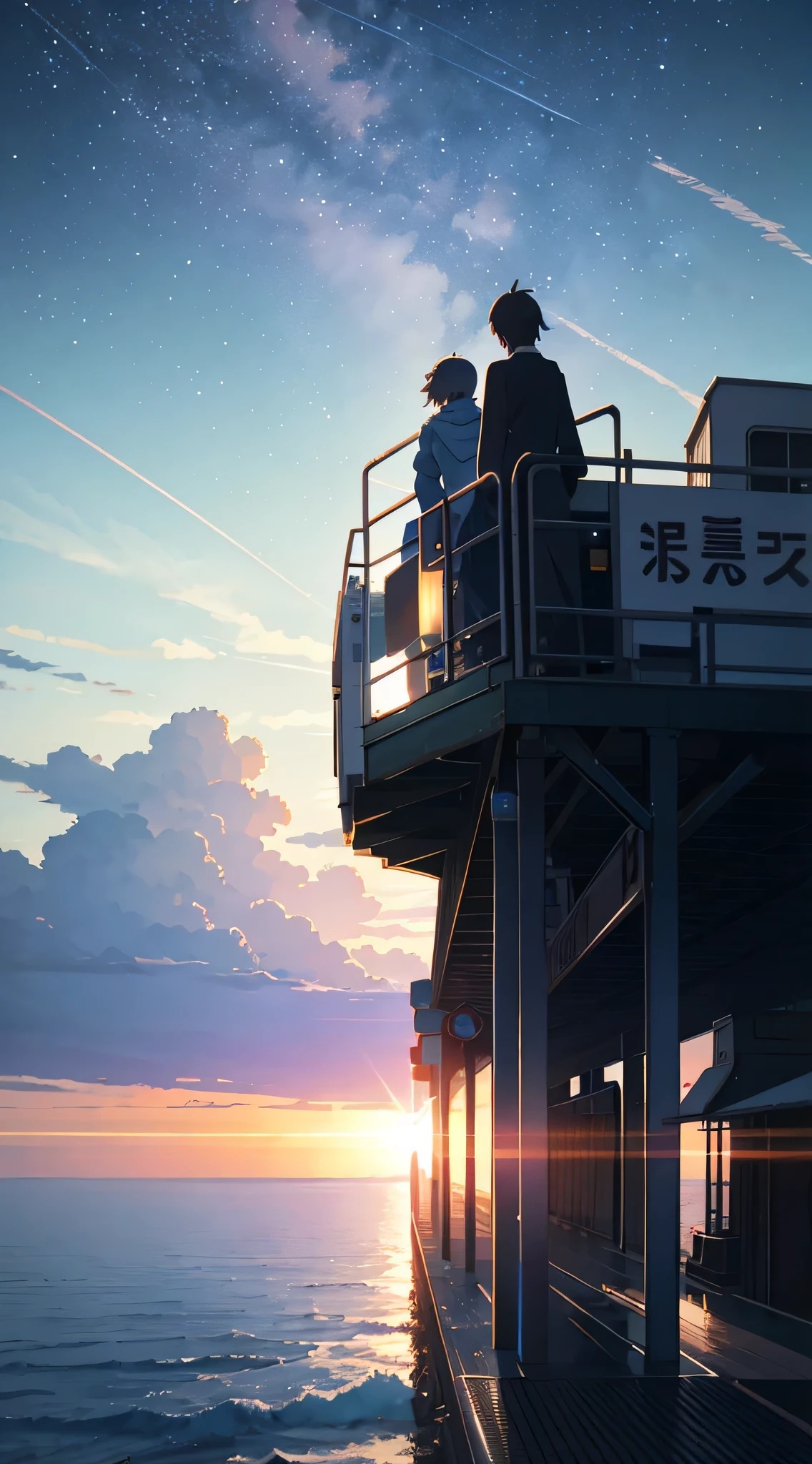 High quality masterpiece ,scenecy,Anime train passing through bodies of water on tracks, starrysky。Romantic train,pixiv,concept-art,Lofi art style,Reflectors。 by makoto shinkai, lofi art, beautiful anime scenes, Anime landscapes, Detailed scenery —width 672, in style of makoto shinkai, style of makoto shinkai,Detail enhancement。