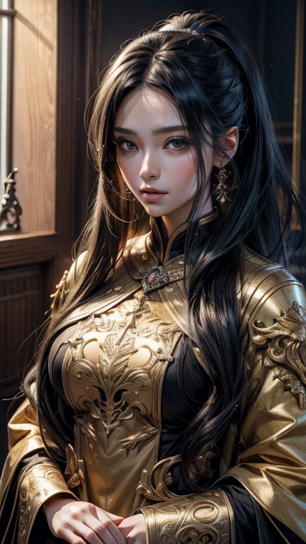 8k, 最high quality, (Highly detailed head: 1.0), (Highly detailed face: 1.0), (Very fine hair: 1.0), Highly detailed official artwork, Anime Moe Art Style, Beautiful and detailed anime art, Sleek Long Hair、Model shooting style, (Highly detailed CG Unity 8k wallpaper), Full body photos of the most beautiful works of art in the world, complicated, High detail, Sharp focus, dramatic, Ultra HD, god秘的な画像, god々The Advent of, Beautiful adult woman, 金色に輝くgod秘的なドレス, god秘の場所, Shiny black hair ponytail style, A beautiful woman, Perfect promotion, high quality, Clothing without revealing, Beautiful face, Well-formed face, Beautiful Face, Model-like features, Fantasy Style, Garo style, god秘的な背景