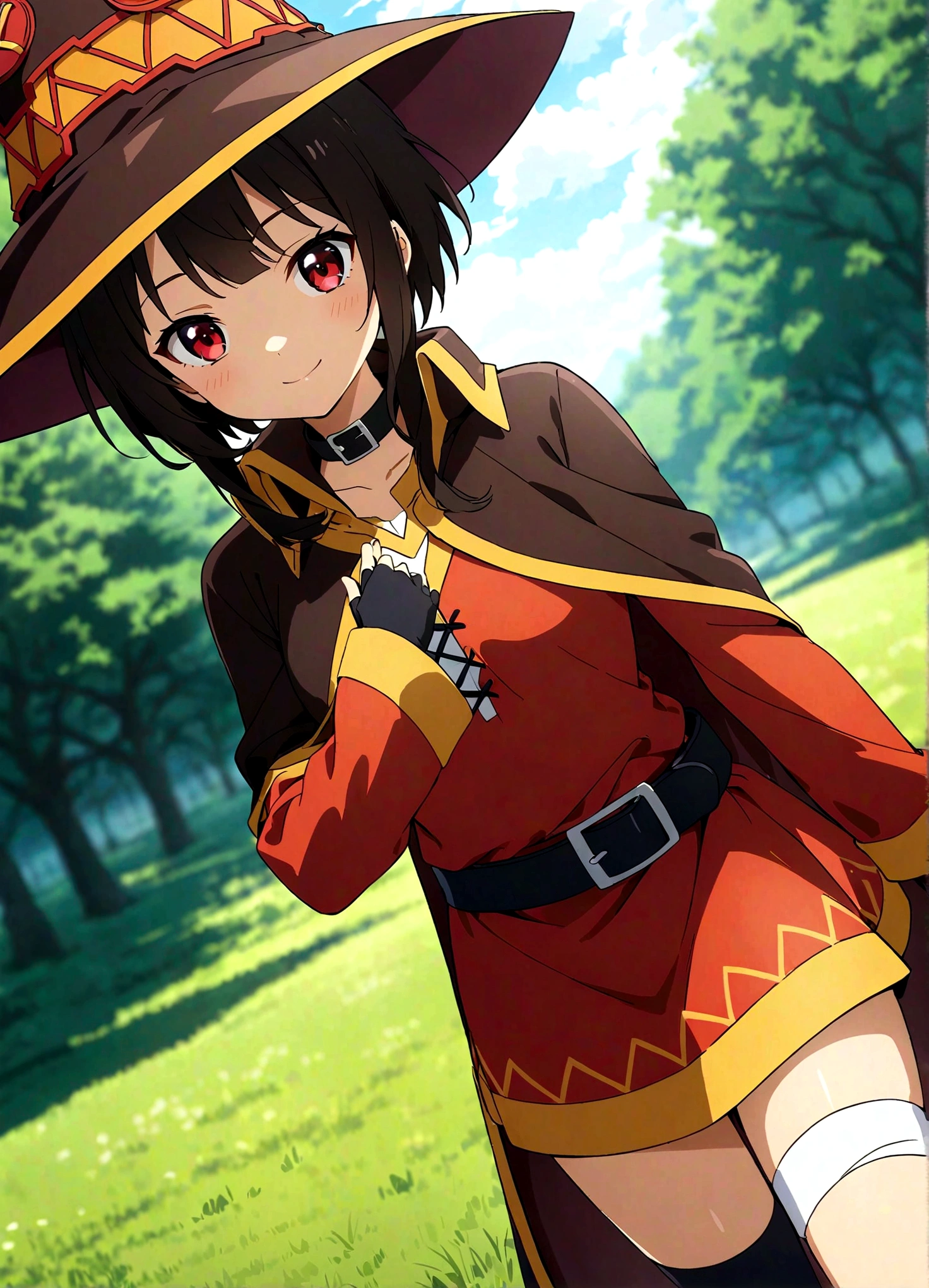 (highest quality:1.2, Very detailed, Anime Style, Studio Anime, Very detailed, Ultra-high resolution, High Contrast, masterpiece:1.2, highest quality, Best aesthetics), alone, (1 female), \(KonoSuba\), (Megumin), short hair, Black Hair, (Red eyes:1.3), short hair with long locks, Knee socks, gloves, have, dress, black gloves, belt, black Knee socks, fingerless gloves, Cape, collar, witch have, bandage, red dress, シングルKnee socks, Asymmetrical legwear, bandageを巻いた足, Dutch Angle, Stand and pose, Very detailedな顔と肌の質感, (Accurate fingering), Cowboy Shot, Grassland scenery, Forest seen in the distance, Background blur.