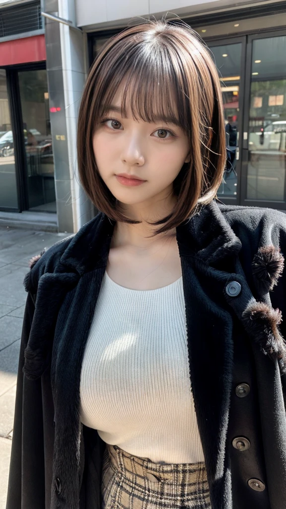 With bangs,Beautiful black hair,Woman with straight medium bob cut,,,21-year-old female,(((No hat))),Aspacarina,((Shy expression)),huge breasts,,Very beautiful eyes, ,(((Wearing a tattered black coat))),white sweater,(make:1.4),Big eyes,Hip Hop Dancer,Gangster style long pants,8k,High resolution,Gangster style,(head shot:1.5)