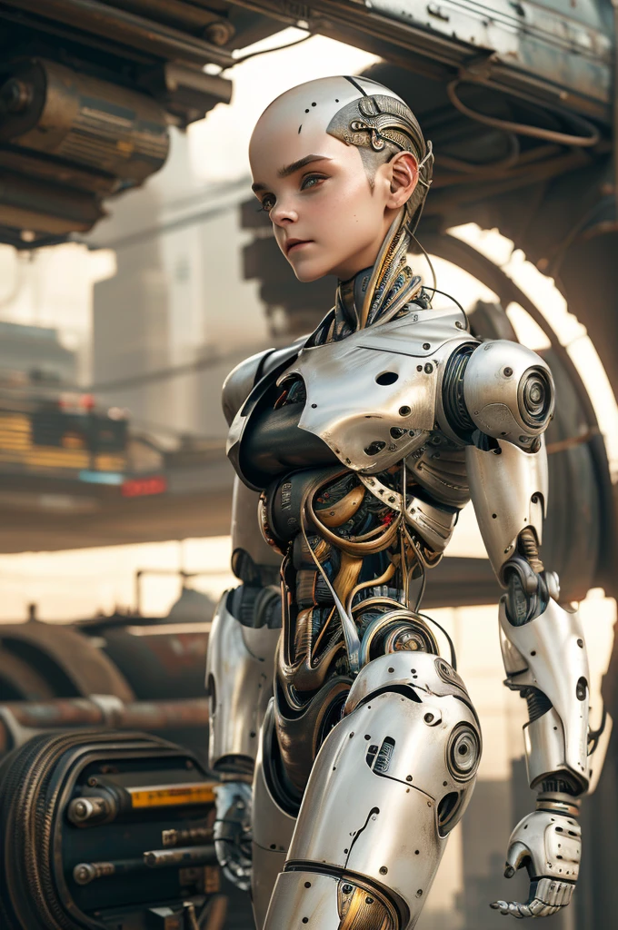 A bald cyborg Emma Watson, with loose wires, metallic skin, hoses, exposed torso, androidperson, mark brooks, david mann, robot brain, made of steel, hyperrealism, post-apocalyptic, mechanical parts, joints, mecha, j_sci-fi