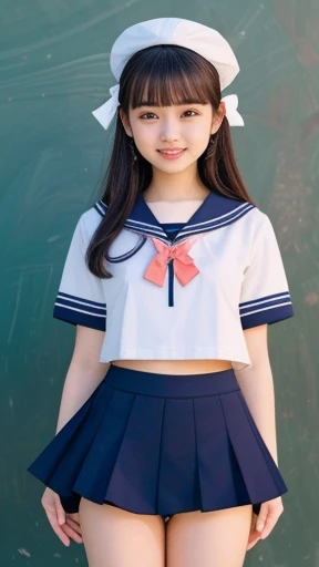 Very detailed, high quality, masterpiece, (((Very beautiful schoolchildren)))、Bright smile、Raise one leg with legs apart、8k、Realistic、high resolution、panties、Sailor suit、uniform、Extremely short skirts are see-through