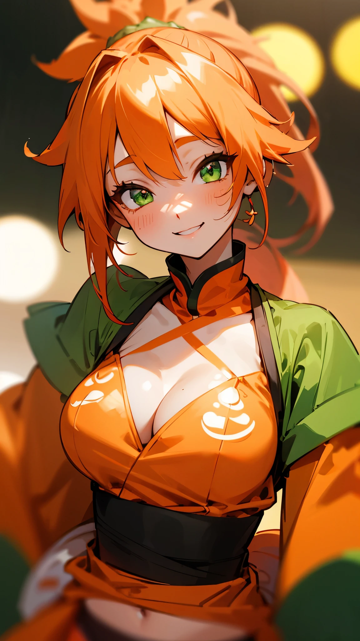 1 girl、8k、Sharp focus、(Bokeh) (highest quality) (Detailed skin:1.3) (Intricate details) (anime)、Orange clothes、Orange Hair、ponytail、Beautiful green eyes、Wicked Smile、Loincloth、Shrimp mascot、Upper body close-up