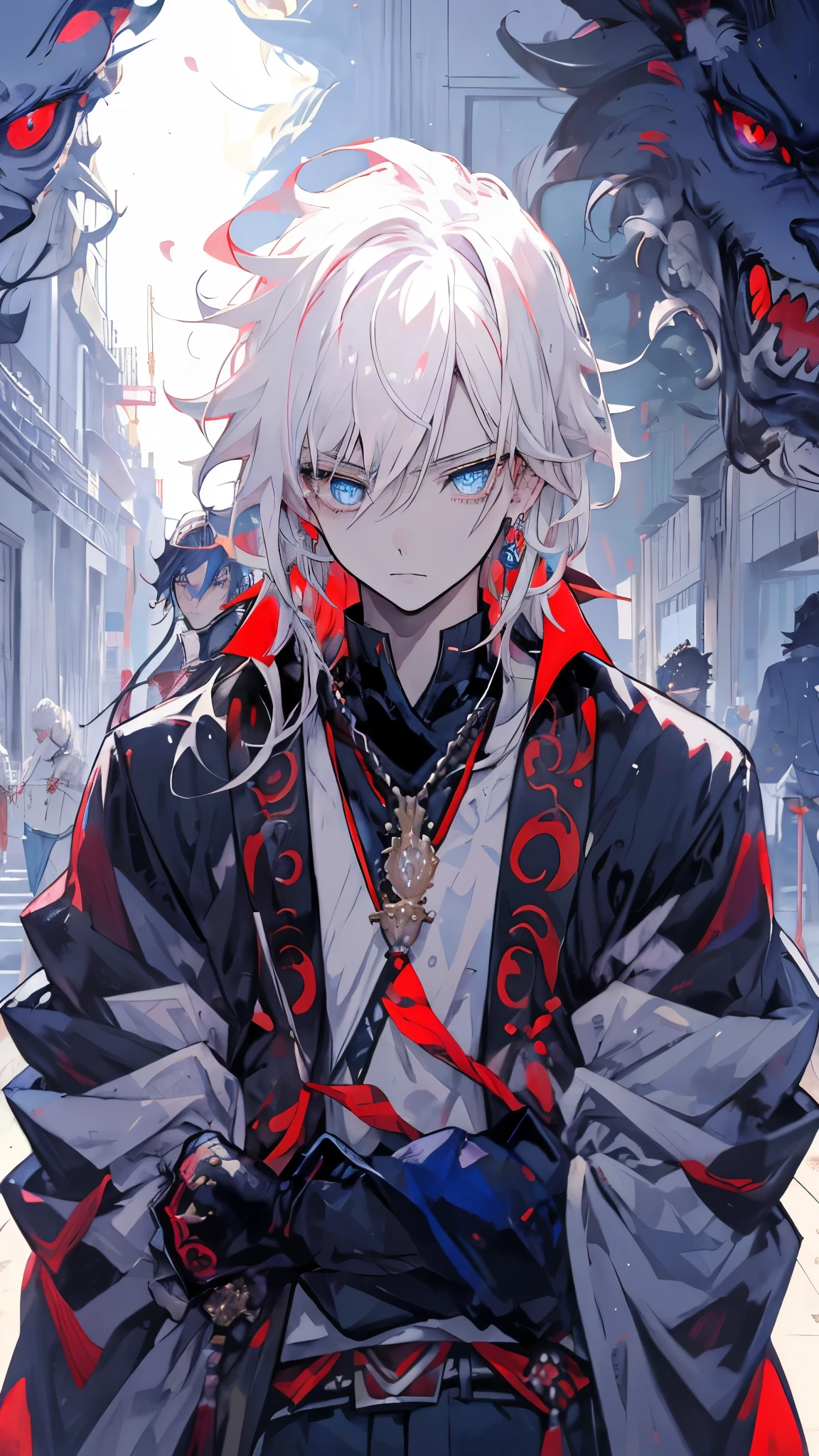 masutepiece,Best Quality,1boy,Jewelry,Male Focus,Looking at Viewer,Solo,Upper body,White hair,The sword,Blue eyes,blue aura