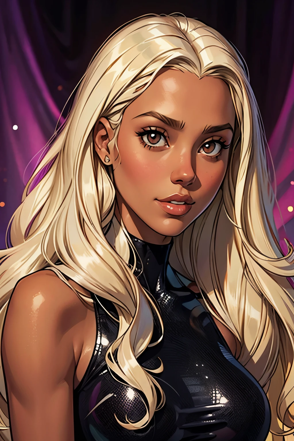 teen Jessica Alba, retrato, dark skin, curly_hair, platinum_blonde_hair,