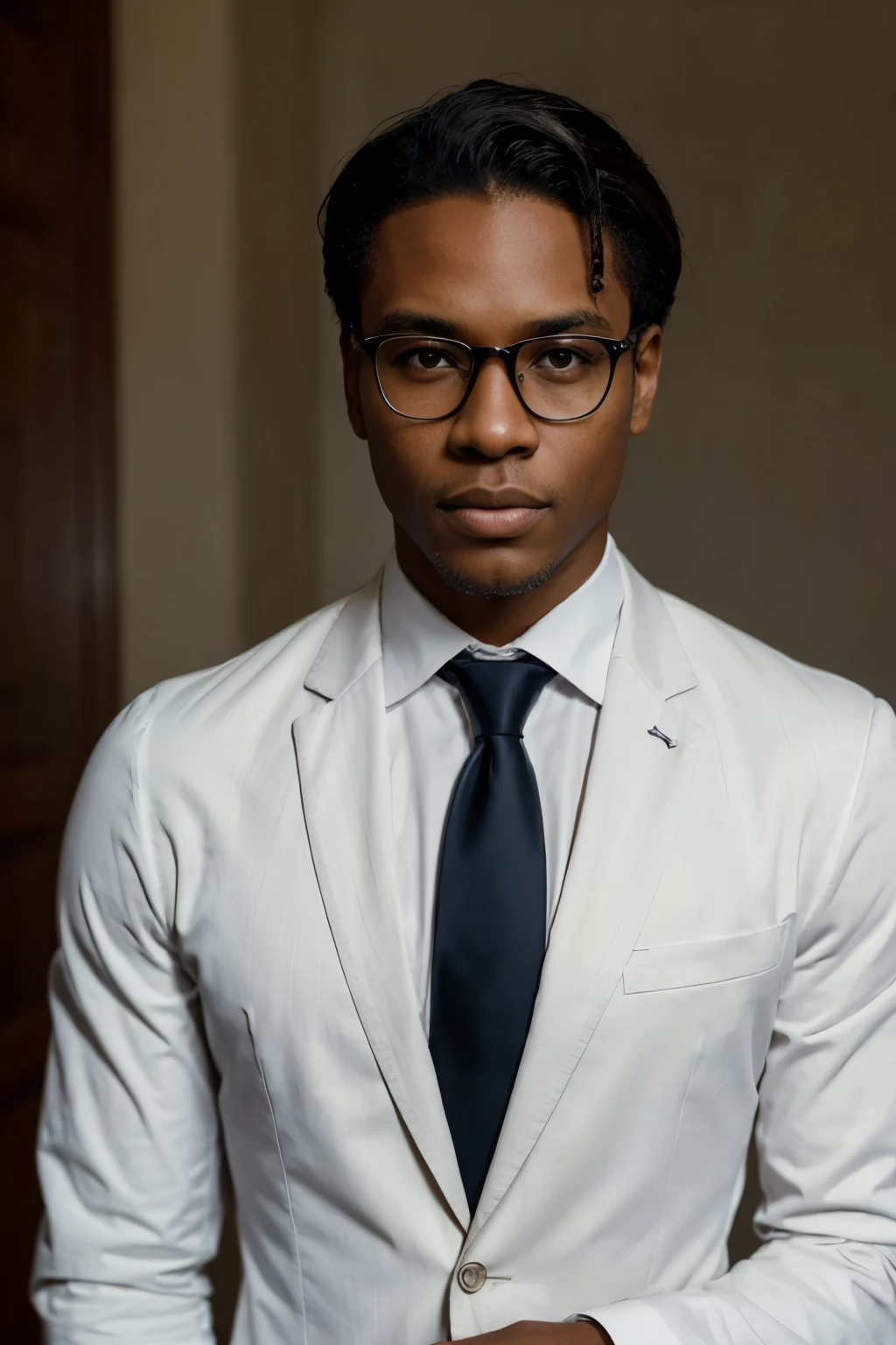 A highly realistic portrait image of an elegant Black man, who is an adult, wearing prescription glasses. He has a confident and poised expression. He is dressed in a well-fitted, stylish suit with a crisp white shirt and a neatly tied tie. His suit is dark in color, possibly navy blue or black, with subtle, sophisticated details. The man has a well-groomed appearance with neatly styled hair. The image is taken with a Nikon D850 camera in portrait mode with a 4:3 aspect ratio. The background is a simple, neutral setting, allowing the focus to remain on the man's elegance and style.