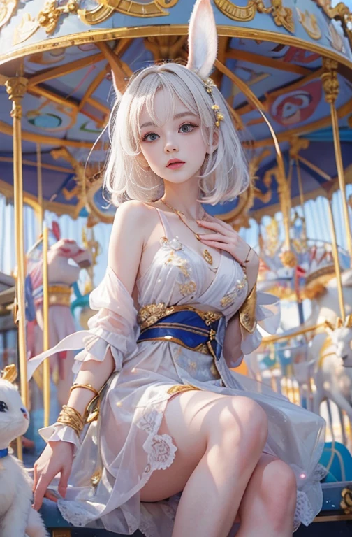 27 years old, Wide-angle lens, Woman in ancient Greek costume、Woman enjoying merry-go-round at night,Shoulders out、thin、Serious expression、Short-haired、Deadly position, Gorgeous Necklace, Light milky porcelain skin, Smooth, Translucent white skin, Enchanting anime girl, Beautiful and seductive anime woman, Super realistic sweet bunny ears girl, Pale porcelain white skin, Smooth, Realistic and perfect body, Anime Girl Cosplay, Perfect body with realistic shadows, Switzerland'masterpiece, There is a real white rabbit. Red eyes and blue eyes