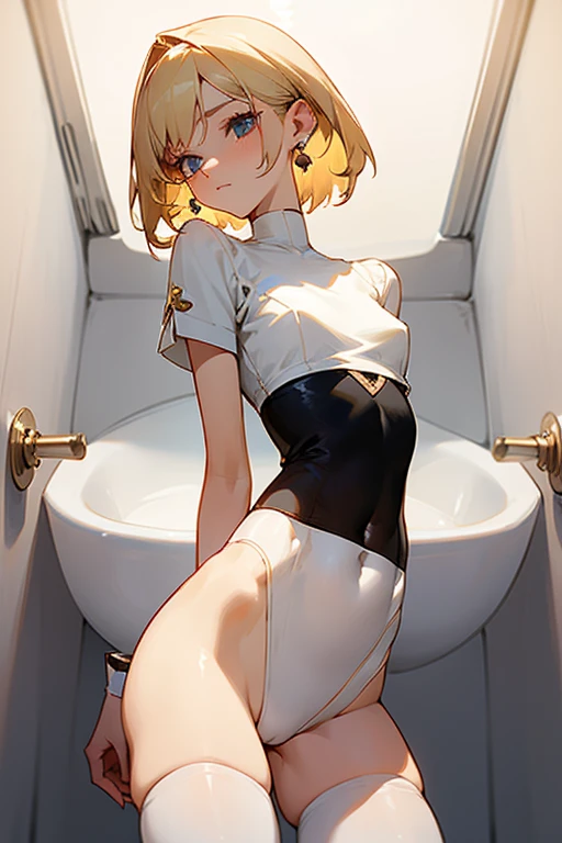 Beautiful woman、white tops that high-necked short-sleeved knit、Black thin tights、Legs in tights、Beautiful feet、Medium hair、Earrings、Blonde、slender、low length、Her belly button is just a little visible、POV、toilet、Close Contact、Black Stockings
