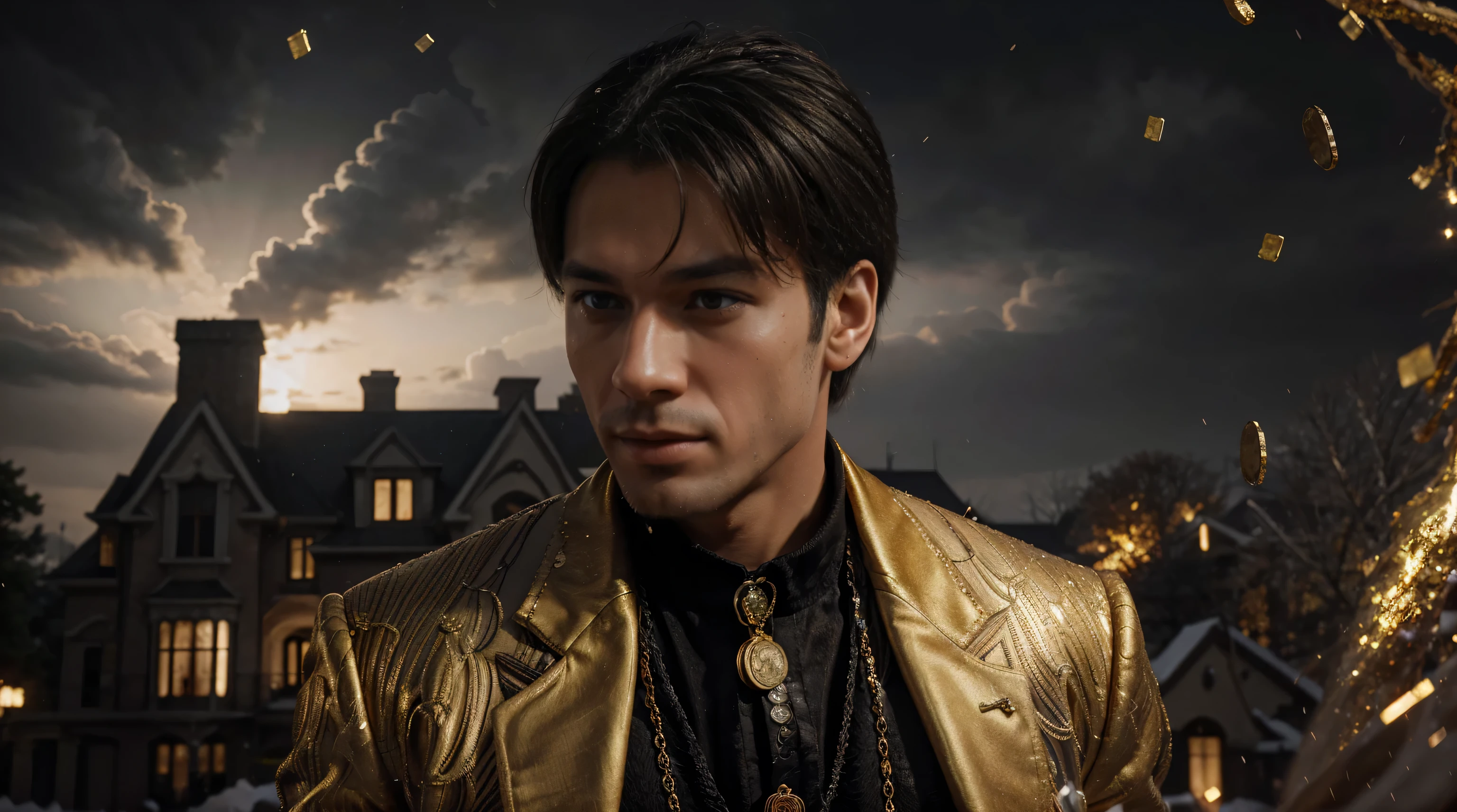 a man in front of a mansion full of gold coins falling from the sky, ultra detailed image, realism, 8k, hyper detailed skin, intense and vivid colors.