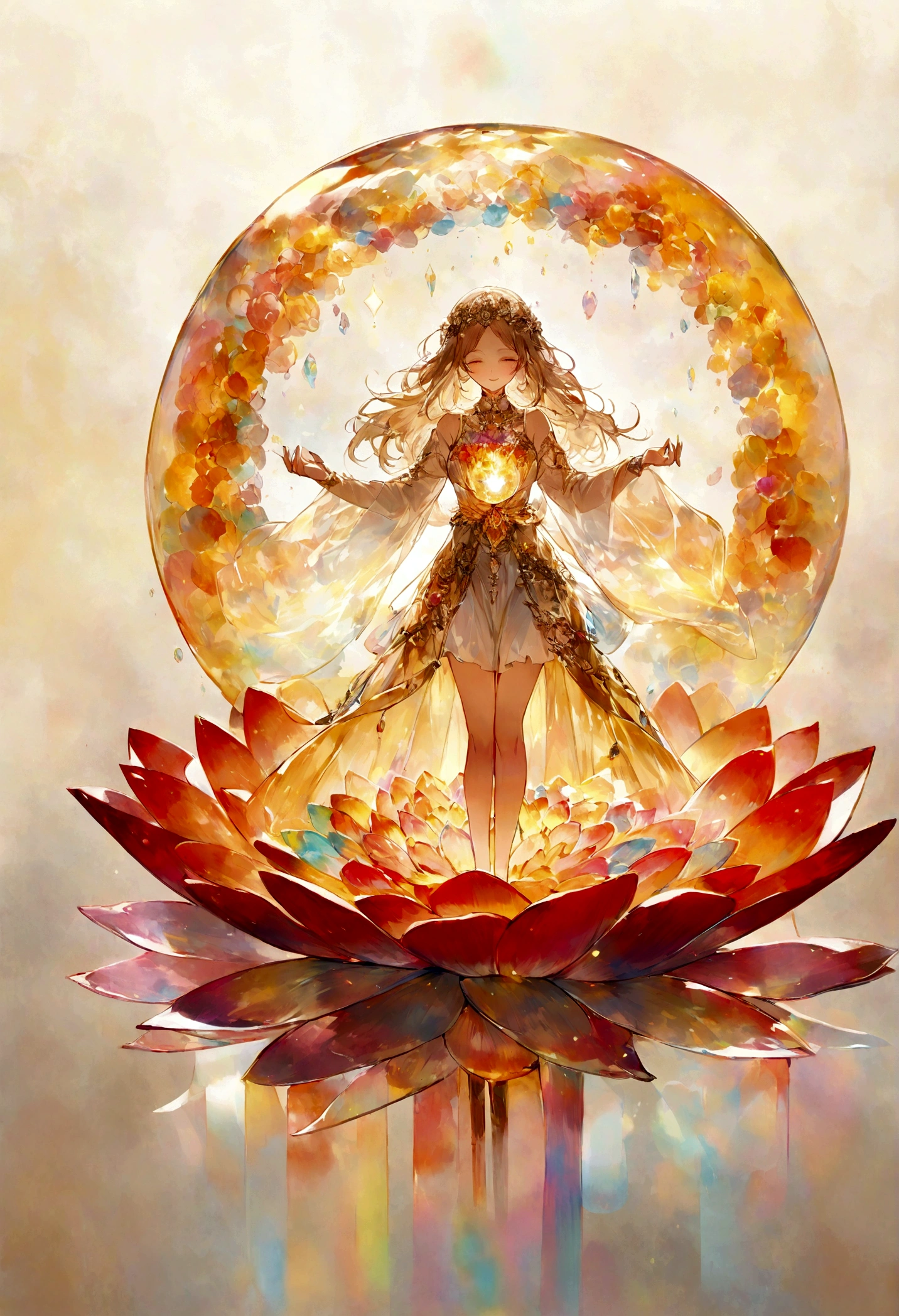 Enlightened Mind, Orange to gold red tones. About the Rainbow Lotus Flower, And floats transparently, Clear water, Light transparent gold gradient background. Golden energy flowed from the core of the flower..