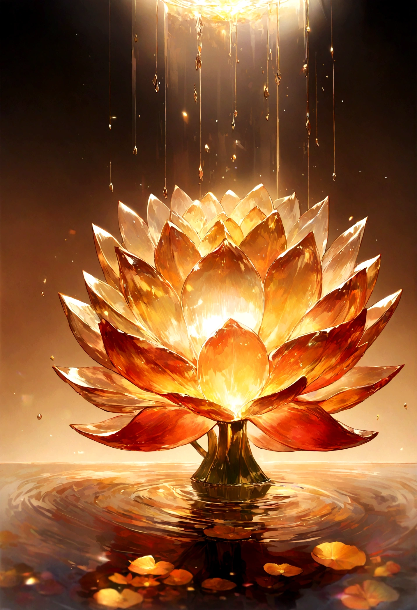 Enlightened Mind, Orange to gold red tones. About the Rainbow Lotus Flower, And floats transparently, Clear water, Light transparent gold gradient background. Golden energy flowed from the core of the flower..