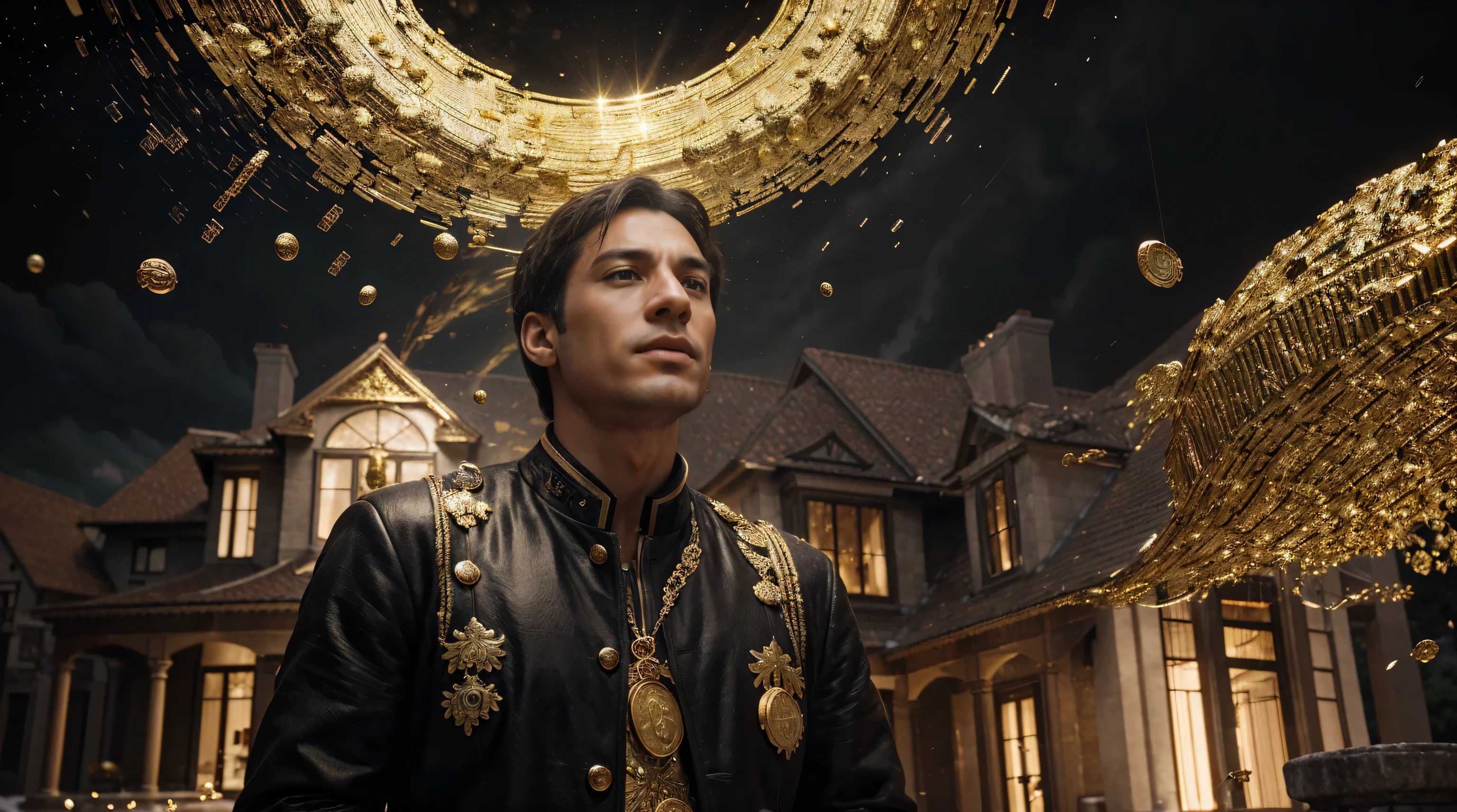 a man in front of a mansion full of gold coins falling from the sky, ultra detailed image, realism, 8k, hyper detailed skin, intense and vivid colors.
