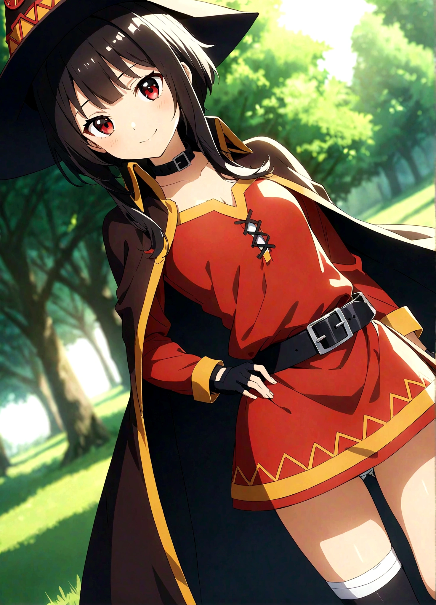 (highest quality:1.2, Very detailed, Anime Style, Studio Anime, Very detailed, Ultra-high resolution, High Contrast, masterpiece:1.2, highest quality, Best aesthetics), alone, (1 female), \(KonoSuba\), (Megumin), short hair, Black Hair, (Red eyes:1.3), short hair with long locks, Knee socks, gloves, have, dress, black gloves, belt, black Knee socks, fingerless gloves, Cape, collar, witch have, bandage, red dress, シングルKnee socks, Asymmetrical legwear, bandageを巻いた足, Dutch Angle, Stand and pose, Very detailedな顔と肌の質感, (Accurate fingering), Cowboy Shot, Grassland scenery, Forest seen in the distance, Background blur.