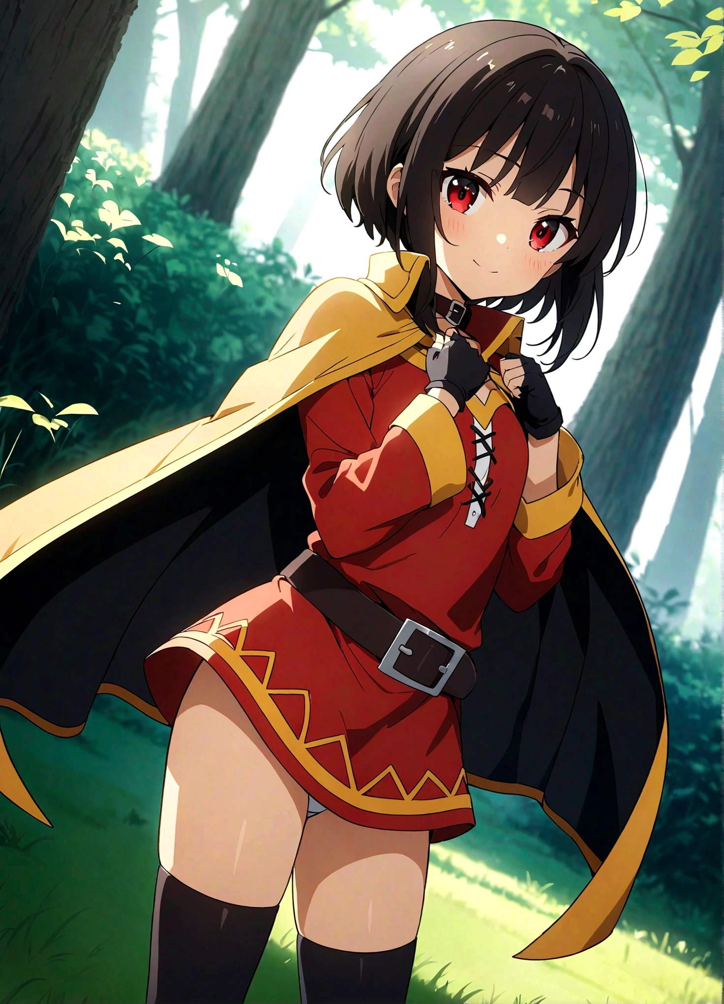 (highest quality:1.2, Very detailed, Anime Style, Studio Anime, Very detailed, Ultra-high resolution, High Contrast, masterpiece:1.2, highest quality, Best aesthetics), alone, (1 female), \(KonoSuba\), (Megumin), short hair, Black Hair, (Red eyes:1.3), short hair with long locks, Knee socks, gloves, have, dress, black gloves, belt, black Knee socks, fingerless gloves, Cape, collar, witch have, bandage, red dress, シングルKnee socks, Asymmetrical legwear, bandageを巻いた足, Dutch Angle, Stand and pose, Very detailedな顔と肌の質感, (Accurate fingering), Cowboy Shot, Grassland scenery, Forest seen in the distance, Background blur.