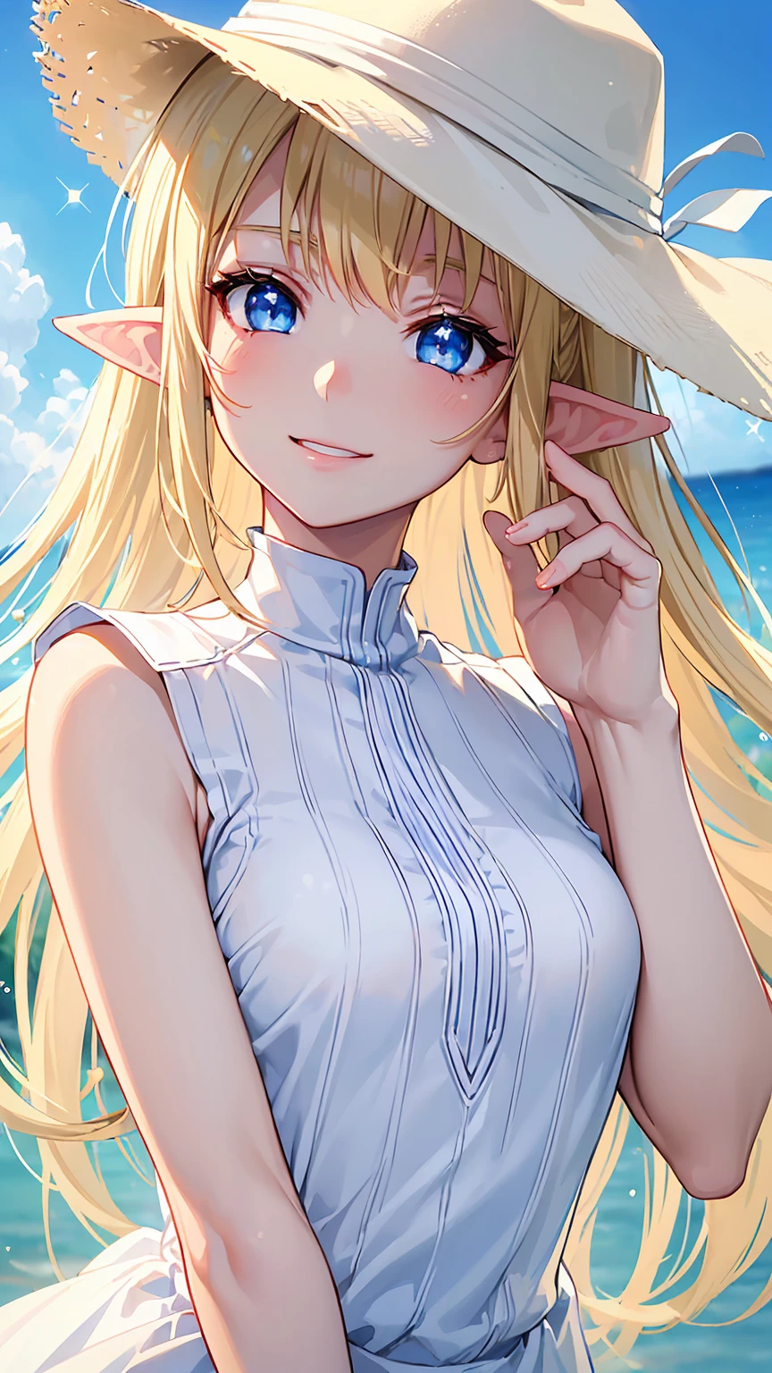 16k、masterpiece、High definition、High resolution、((Young Elven Woman))、((Beautiful white skin))、((Beautiful blonde))、((Sparkling blue eyes))、((Pointed Ears))、Smiling Kindly、blush、Sleeveless white shirt、Wear a straw hat、clear blue sky、Look at me、((Close up of upper body))