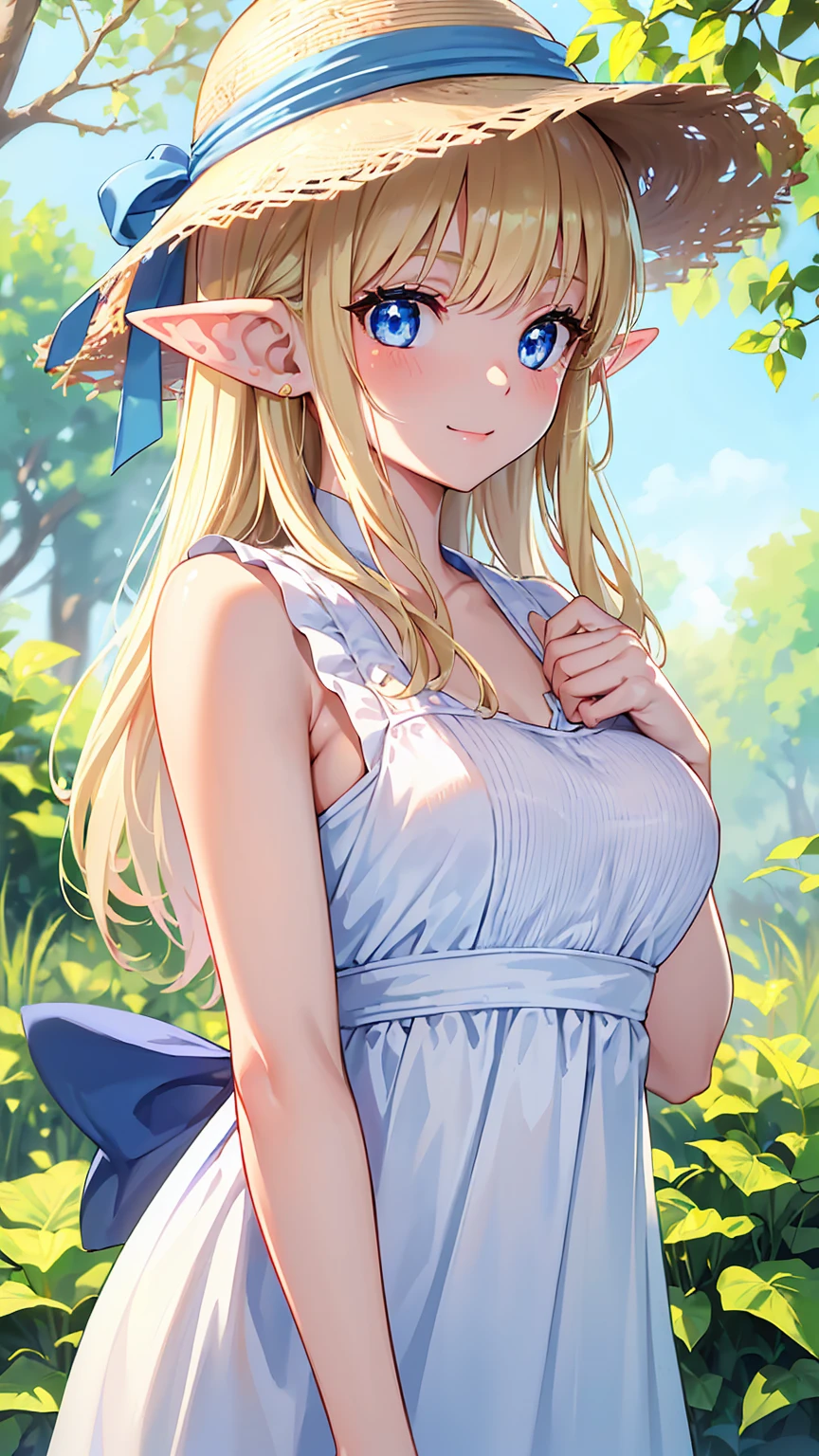 top-quality、hight resolution、detaileds、tits out、teats、NSFW、a beauty girl、Upper body visible、Upper body naked、fantasy worlds、lightly dressed、elvish、a blond、in woods、Braids、Small、