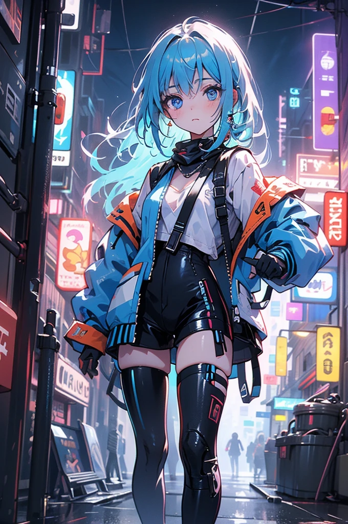 (masterpiece), (highest quality), Ultra-high resolution, Sharp focus, ((1 female, alone)), whole body, Cyberpunk Theme, Beautiful detailed hair, Light blue hair, long hair hangs down, Beautifully detailed face, ((Beautifully shaped eyes, Blue Eyes)), Perfect feminine face, View your viewers, Feminine navy blue enamel cyberpunk outfit,Techwear Jacket,refined armor, Neon lights in the city of bright colors, (At night:1.2)