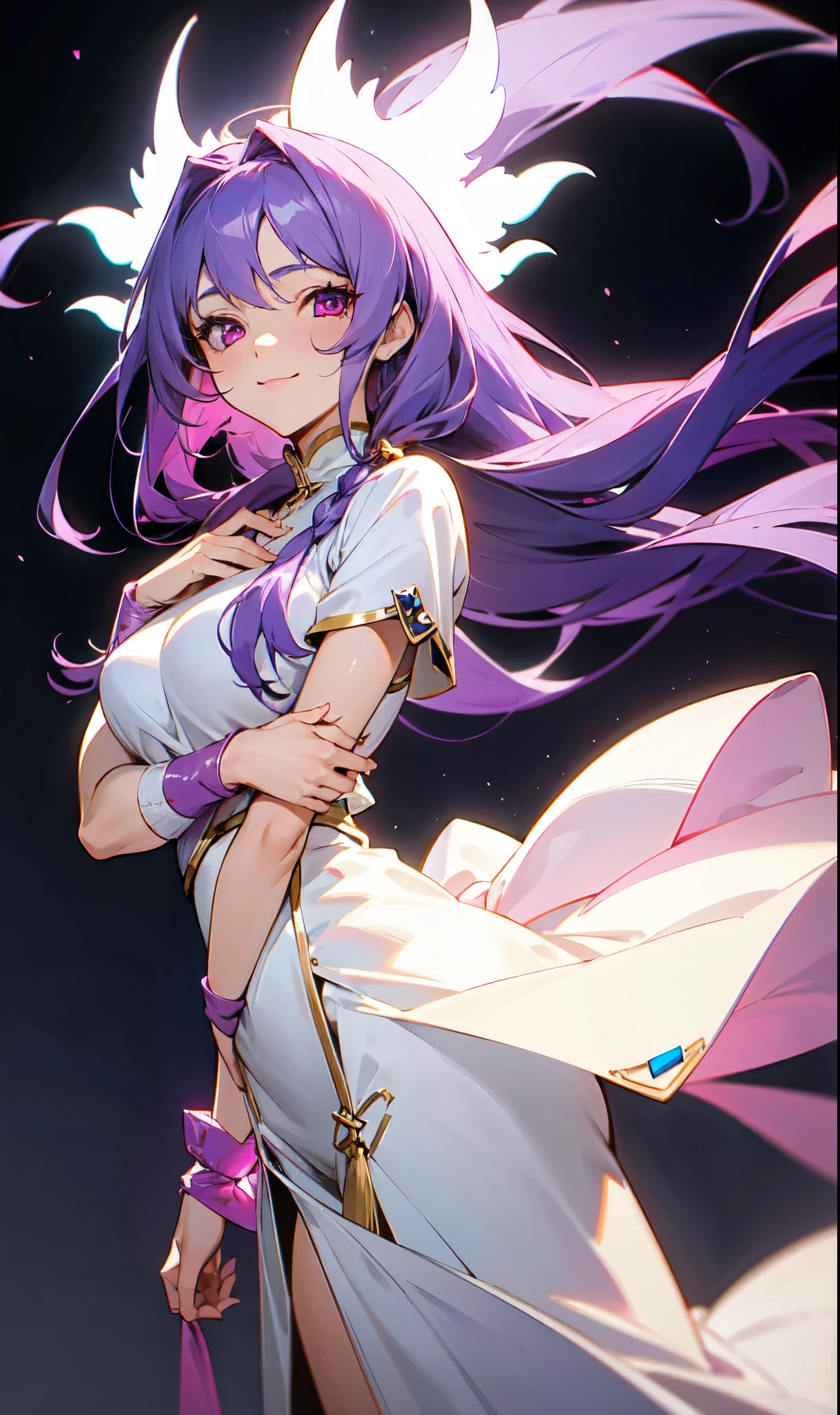 Girl with long dark purple hair while it is tied up she wears a white goddess outfit as she walks with a light smile on her face and pink eyes, estilo anime