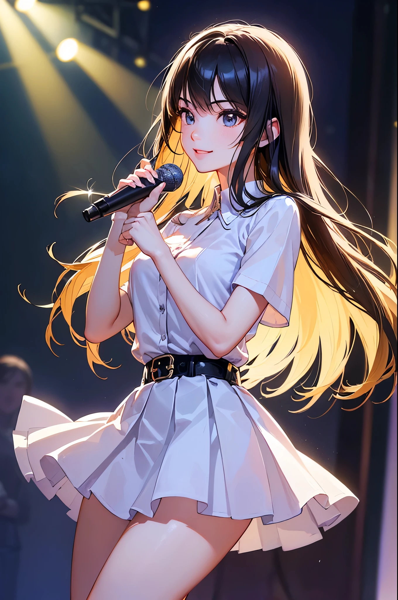 ((Biologically correct limb count))、(( Illustrations including faces))、4K、Masterpiece、((Focus on the face))、((Symmetrical, well-proportioned facial features))、Eyes with delicate depictions、Beautiful woman、Outstanding style、Slender Body、(shirt、High heels、((skirt)))、(Looking up、smile)、((Upper body close-up))、The background is a concert hall、((Realistic photo))、profile、((Fantastic photos)))、(((Girl Band)))、live、Idol、Hold the microphone on both ends、spotlight in the dark