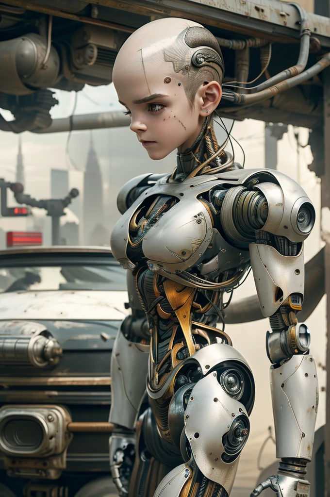 A bald cyborg Emma Watson, with loose wires, metallic skin, hoses, exposed torso, androidperson, mark brooks, david mann, robot brain, made of steel, hyperrealism, post-apocalyptic, mechanical parts, joints, mecha, j_sci-fi