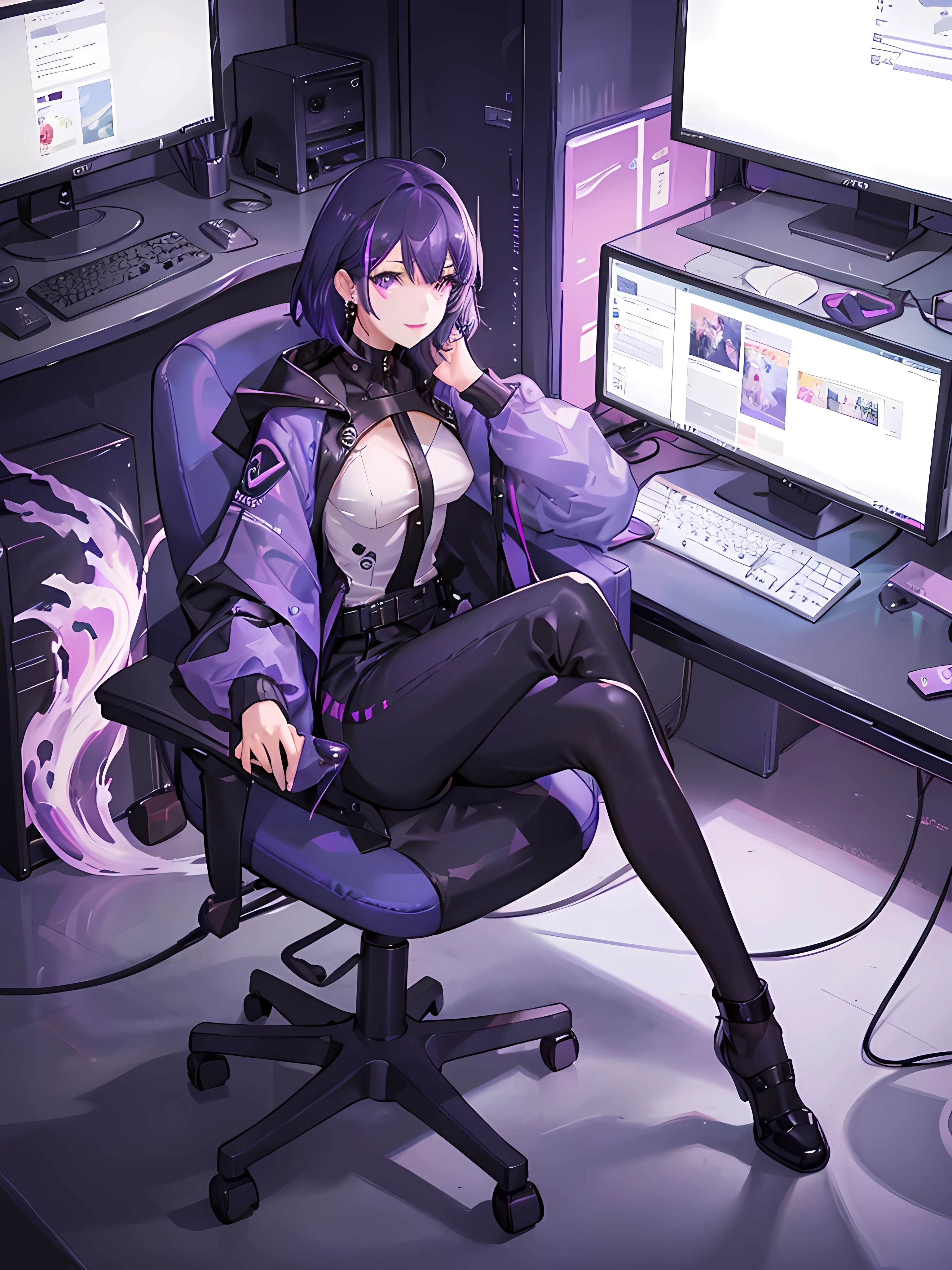 Half body on frame on room sit chair gaming colour purple and black front of her table with monitor and keyboard with glowing RGB also High-End Computer desktop, girls have short hair colour Purple and black using modern stylish short jacket and long black pants, Purple colour eyes, wearing earring shape plus, red lips, long smile, mature age, beautiful face, and sexy body.