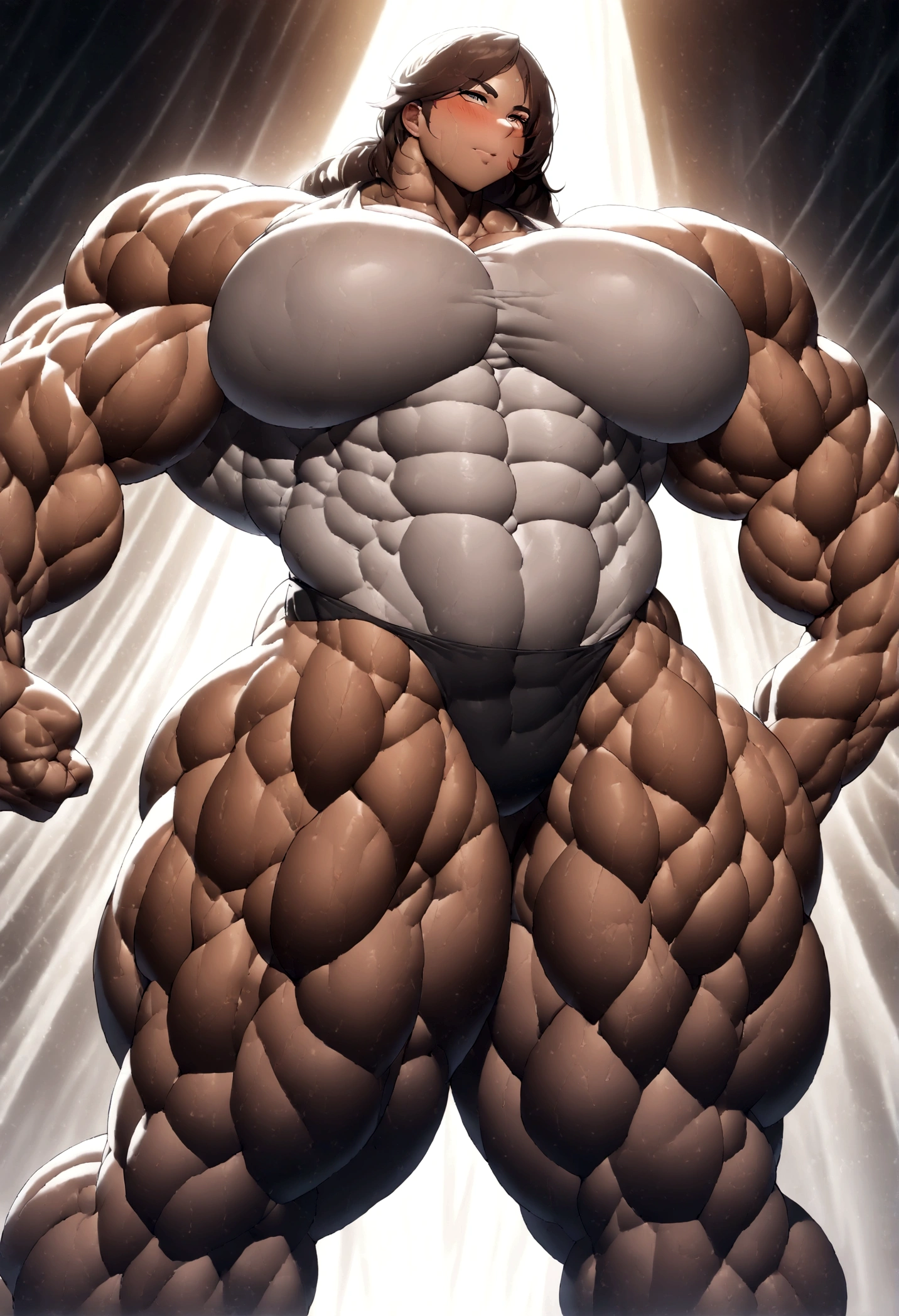 a ripped muscular woman with extremely defined muscles,huge biceps and abs, blush on her face, ((((extra huge muscular build with really big muscles)))) extremely muscular, voluptuous and strong physique, perfect muscular body, huge arms