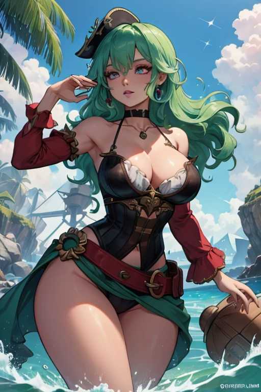 A light green haired woman with pink eyes and an hourglass figure in a pirate's outfit is  exploring a sea cave with a twinkle in her eyes