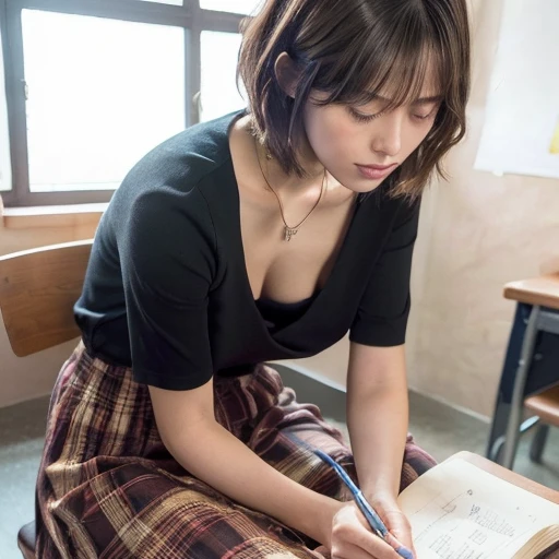 Down blouse, 1 girl , munechira,(((Small breasts))),avert your eyes, Bend down to write a note , From the side , Long skirt, close, necklace ,In the classroom,A cutely decorated detailed bra overlap T-shirt,  short hair,8k, highest quality, masterpiece, Ultra-high resolution, (realism: 1.4), Original photo, (Real skin texture: 1.3)