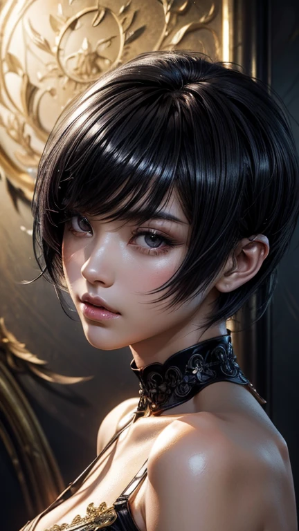 (((Saint Seya style aesthetic))) (Masterpiece) realistic big bust to the pelvic area ((beauty shape)) of a beauty hyperrealist & photorealist beauty young astonishing knight girl in highly & extremely detailed cropped black & gold plugsuit armor with cape & scarf (masterpiece), magic & incantation glowing flying surrounded her, Unity 8k, pearly perfect wet skin with pores (((short bob cut blonde hair with glowing colorful fringes))) ((perfect face shapes, complete perfect red lips, perfect nose, correct beautiful eyes, eyelashes, detailed intricate iris textured face in ZBrush)), Ultra HD, vines, (((cold colores illumination))), developed by Unreal Engine 5, Ultra Sharp Focus, Art by Alberto Seveso, Sci-Fi, vibrant & intricate Artwork, golden Ratio, epic