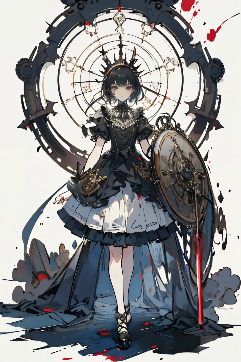 ((best quality)), ((masterpiece)), (detailed), perfect face ((best quality)), ((masterpiece)), (detailed), blank white background, plain background, white background, Bloodborne inspired, occult aesthetic, occult, detailed and intricate steampunk and detailed gothic, (zentangle, mandala, tangle, entangle), NSFW, torn clothing, Very dramatic and cinematic lighting, cosmic horror, grim-dark, side-lighting, perfect face, a beautiful goddess adorned and enshrined in armour, Bloodborne inspired , occult aesthetic , occult , detailed and intricate steampunk and detailed gothic , wielding a sword and holding a shield, NSFW, Fluttering lace flared short dress with frilly petticoats, knee length dress, pleated petticoats, ta dress, petticoats gothic loliside-lighting, gothic lolita aetic, beautiful small breasts, small breasts, full body, whole body, body, plain background, white background, blank background, no background, white background NSFW, full body, whole body, head-to-toe