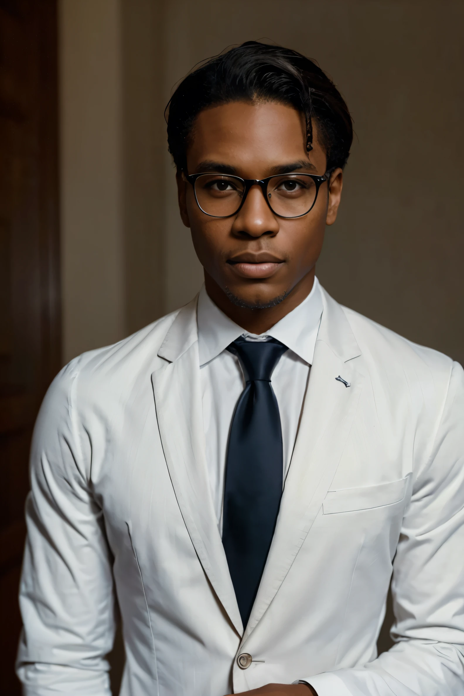 A highly realistic portrait image of an elegant Black man, who is an adult, wearing prescription glasses. He has a confident and poised expression. He is dressed in a well-fitted, stylish suit with a crisp white shirt and a neatly tied tie. His suit is dark in color, possibly navy blue or black, with subtle, sophisticated details. The man has a well-groomed appearance with neatly styled hair. The image is taken with a Nikon D850 camera in portrait mode with a 4:3 aspect ratio. The background is a simple, neutral setting, allowing the focus to remain on the man's elegance and style.