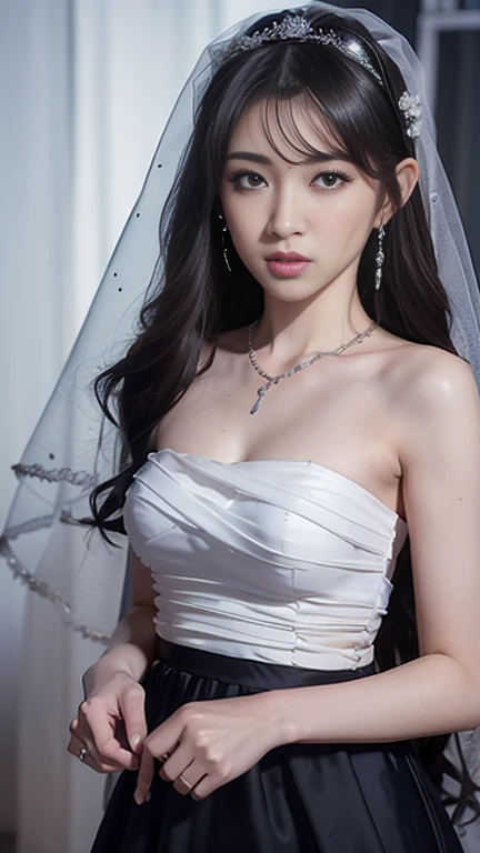 (masutepiece), Best Quality, Highest Quality, Highly detailed CG Unity 8k wallpaper, Original, High resolution, (depth of fields: 1.5), fidelity: 1.3, breasts, Bride portrait style, 1 girl, drapes, veils , Bridal Veil, wedding dress, drapes, Jewelry, Solo, earrings, tusk, bride, Black_hair