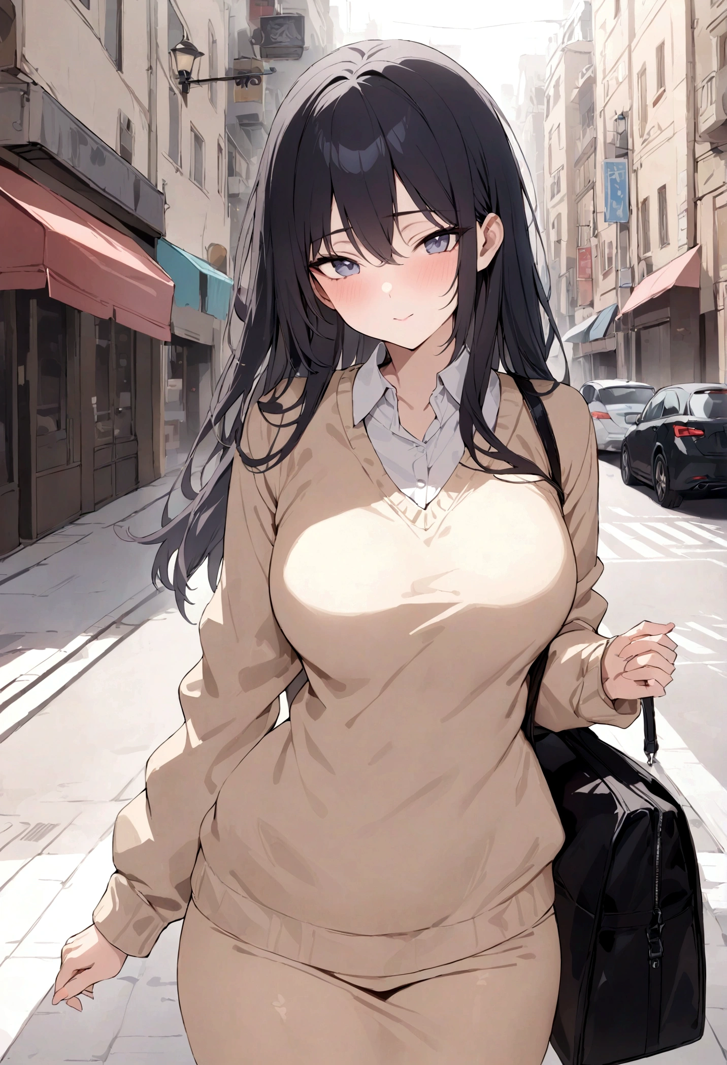 (masterpiece, best quality:1.2), 1girl, solo,mature_lady,black long hair, sweater,in street