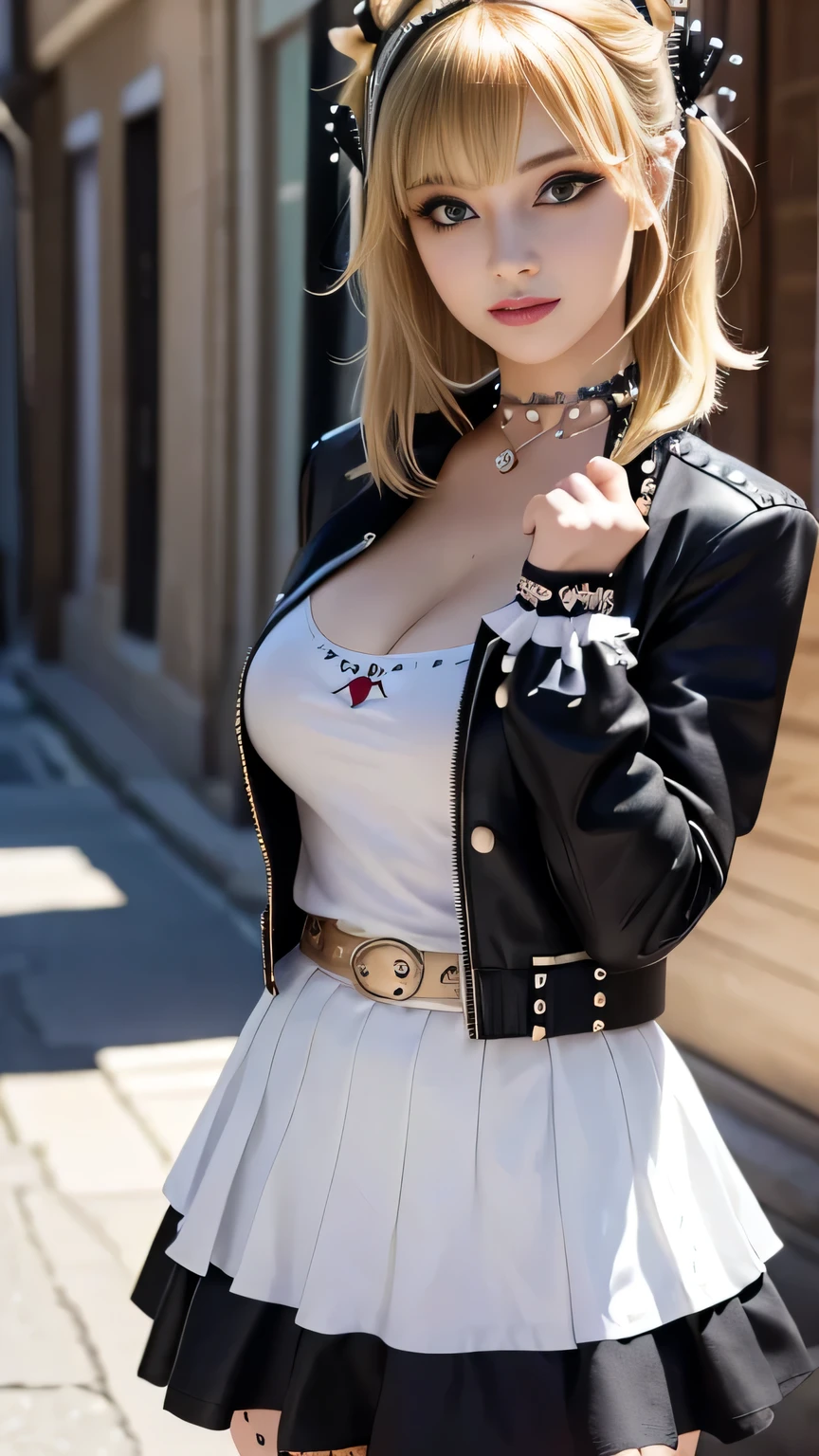 masterpiece:1.2, highest quality), (realistic, photorealistic:1.4), beautiful illustrations, (natural side lighting, movie lighting), looking at the viewer, Upper body, (Front view), 1 girl, perfect face, Cute symmetrical face, shiny skin, baby face, long eyelash, (large breasts:0.3), (wide hips),beautiful hair, beautiful face, detailed and beautiful eyes, beautiful body, beautiful breasts, beautiful thighs, beautiful feet, beautiful fingers,(beautiful scenery),(cute smile:1.2, upper eye),Beautiful girl,alice liddell, Alice in Wonderland, blonde hair, hair band ribbon, (punk rock style: 1.5), punk rock jacket, stud pin jacket, belt choker, stud pin bracelet, (white flared skirt, long skirt), sexy,