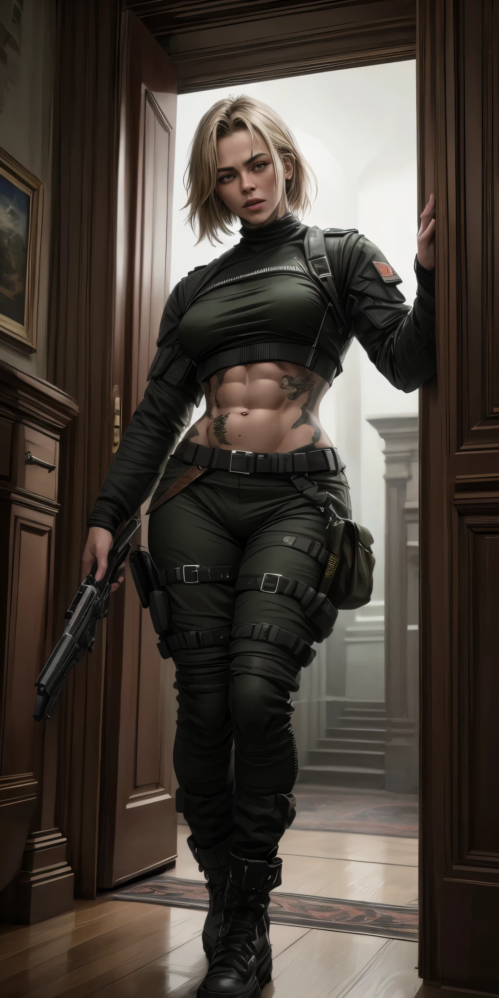 a female military soldier in call of duty style, war scenario, ((She is standing holding a pink revolver)), ((tall muscular woman covered in tattoos with a well-defined body)), long light blonde hair and amber eyes, ((Body Position: standing in a 60° position)), (best quality,4k,8k,highres,masterpiece:1.2),ultra-detailed,(realistic,photorealistic,photo-realistic:1.37),HDR,UHD,studio lighting,ultra-fine painting,sharp focus,physically-based rendering,extreme detail description,professional,vivid colors,bokeh,portraits,concept artists,cinematic lighting,dramatic colors