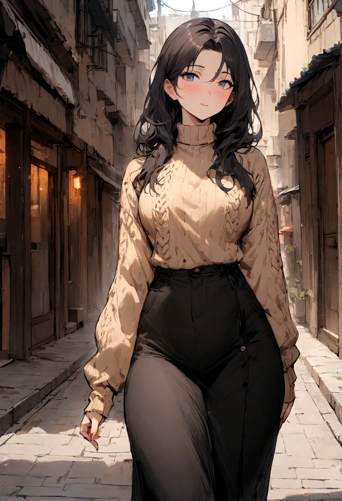 (masterpiece, best quality:1.2), 1girl, solo,mature_lady,black long hair, sweater,in street