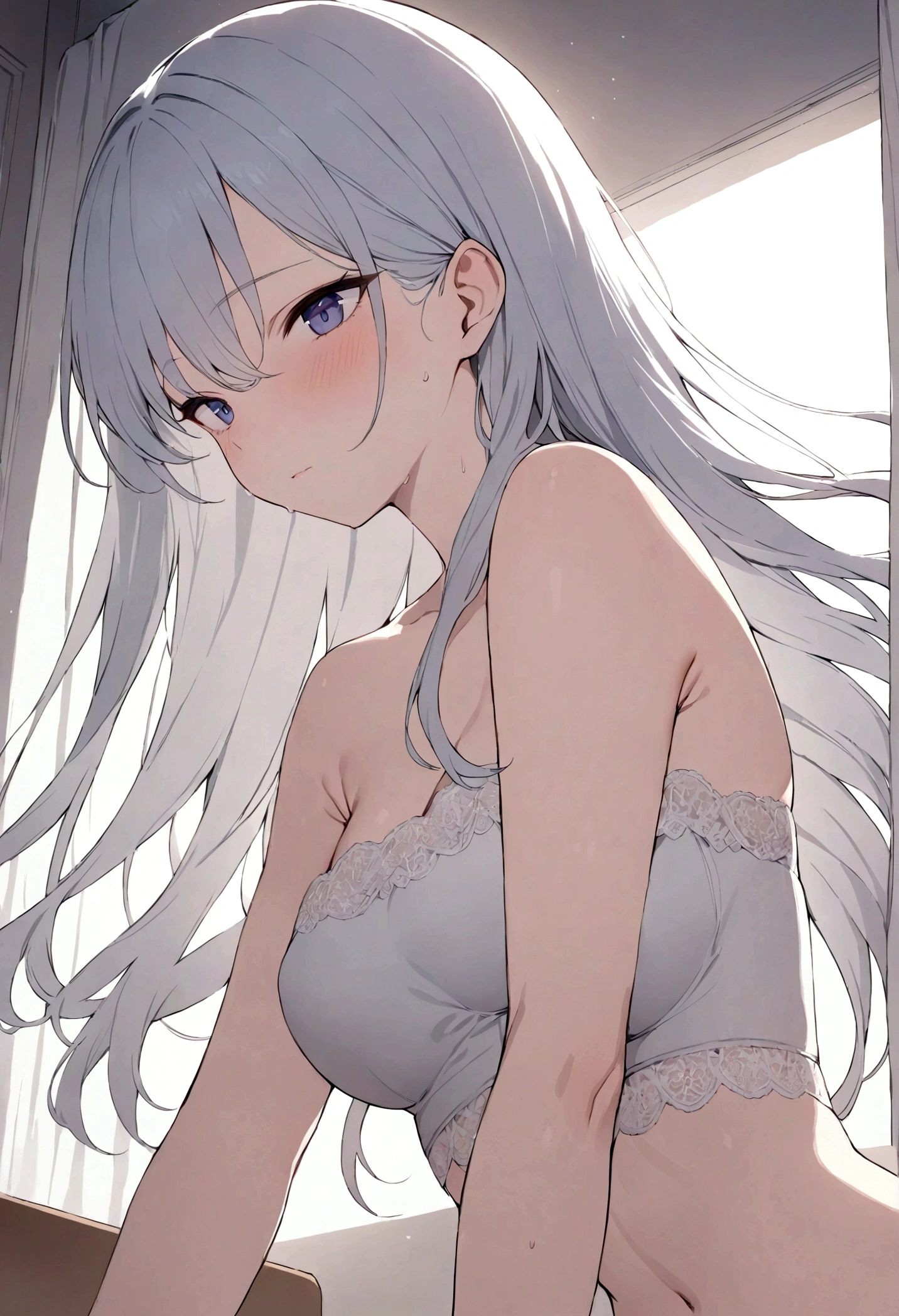 A girl with small breasts in a white transparent nightgown sleeping on a bead, slender body, perky tits, (((small breasts))), detailed eyes, masterpiece, high details, best quality, HD, Nikon, realism, nsfw, smiling, mouth is closed, sheer, see-through, bare chested, ph_katou, katouhdshort