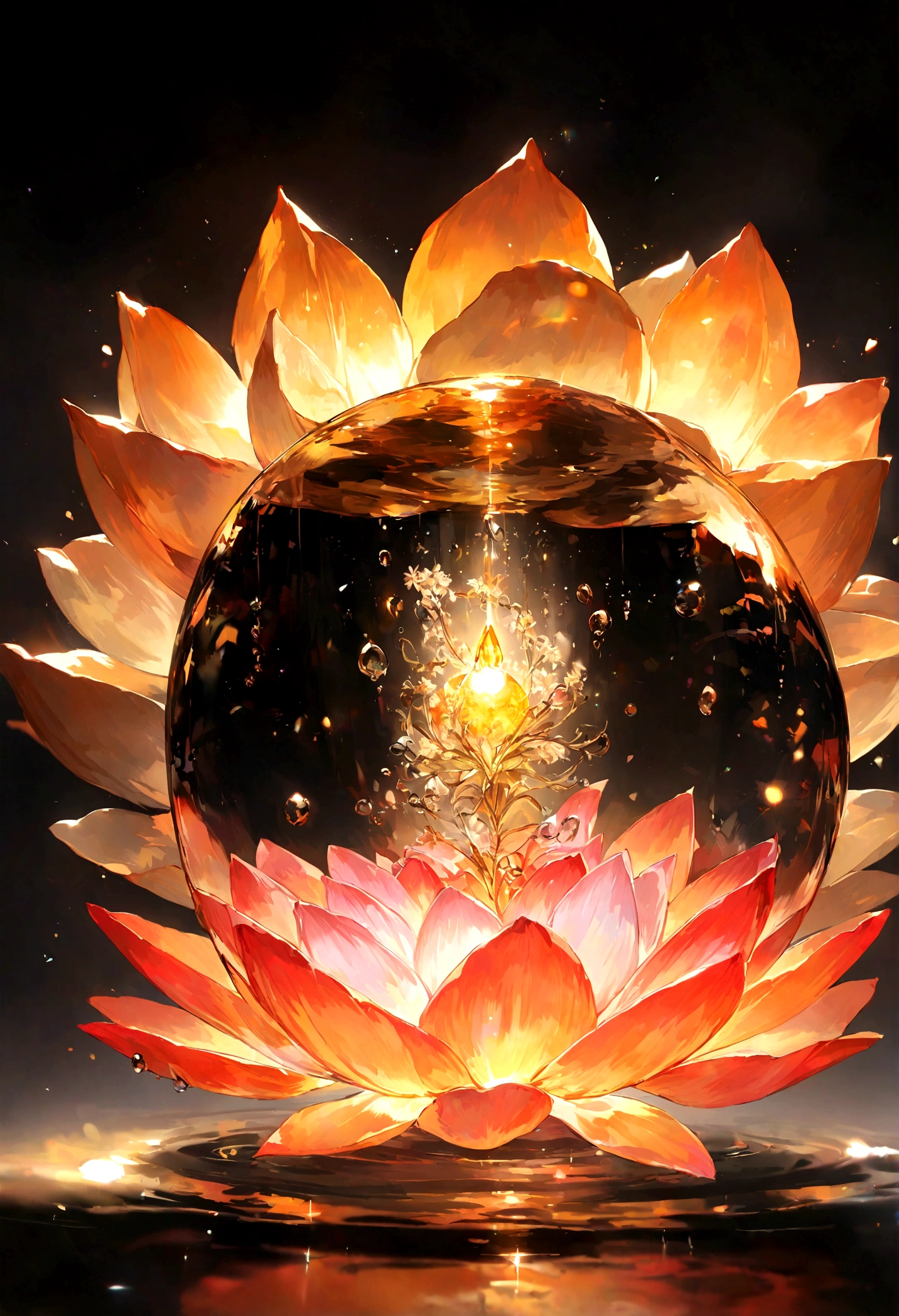 Enlightened Mind, Orange to gold red tones. About the Rainbow Lotus Flower, And floats transparently, Clear water, Light transparent gold gradient background. Golden energy flowed from the core of the flower..
