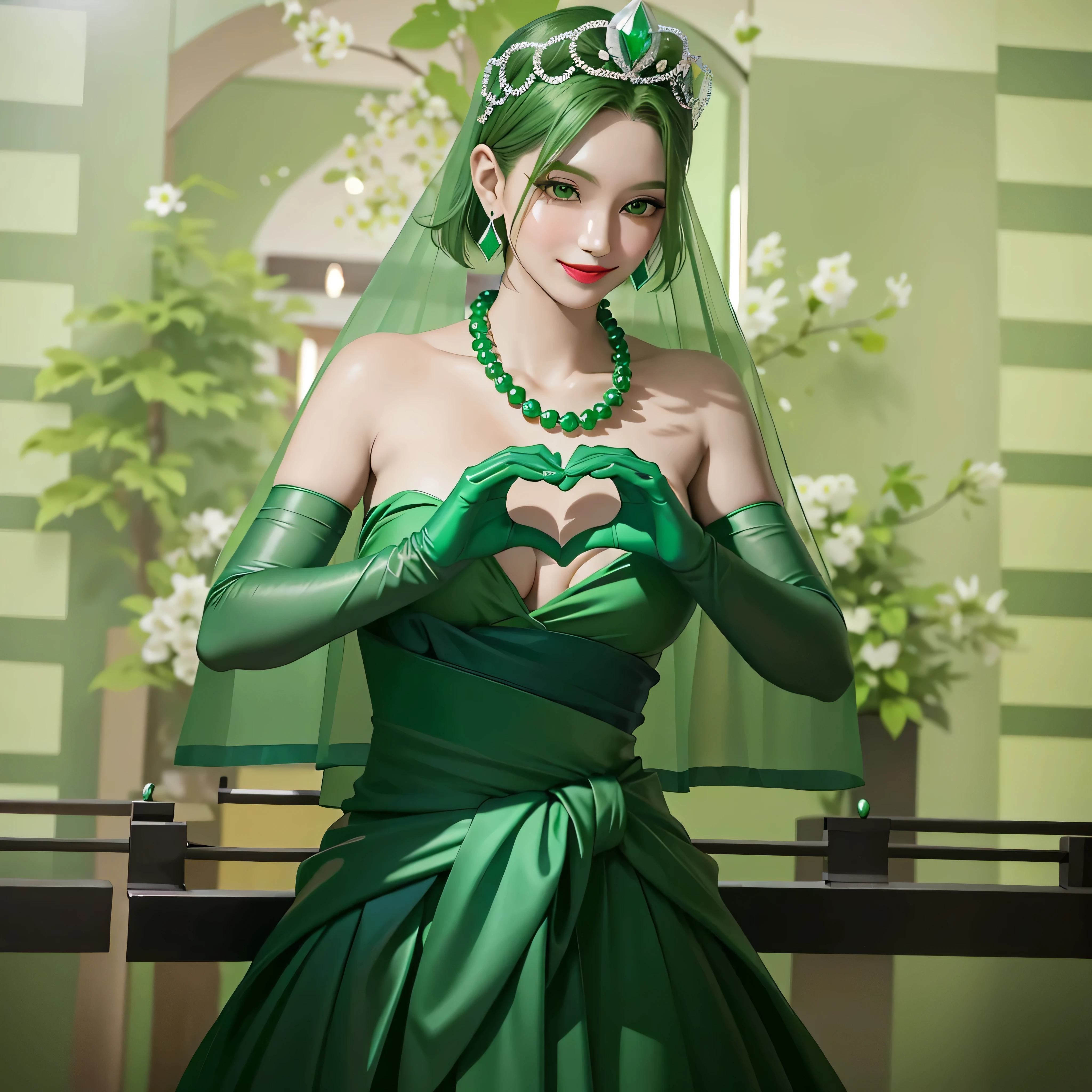 Emerald tiara, Green Pearl Necklace, Boyish very short green hair, Green Lips, Smiling Japanese woman, Very short hair, Busty beautiful lady, Green Eyes, Green satin long gloves, Green Eyes, Emerald Earrings, Green veil, Heart with both hands, Green Hair, Beautiful Japanese Women, Heart shaped hands:1.3, green lip gloss