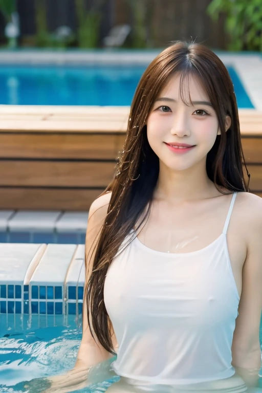 (8K), (highest quality: 1.2), (Realistic), (Realistic: 1.37), Ultra-high resolution,Japanese women,Sit by the pool,A radiant smile,Night Pool,Clear unevenness,slender,A Cup,whole body,Wear a wet shirt,Wet straight hair,Beautiful water splashes,whole bodyびしょ濡れ,Protruding nipples