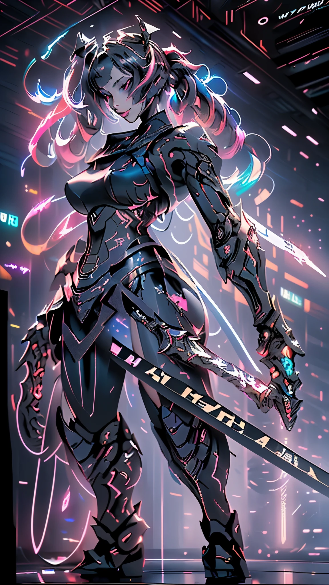 1 girl, long black pigtails, tactical sexy outfit, futuristic world, dual wielding firearms, ready for combat, (best quality,4k,8k,highres,masterpiece:1.2),ultra-detailed,(realistic,photorealistic,photo-realistic:1.37),detailed eyes,detailed lips,extremely detailed face,longeyelashes,intricate details,dynamic pose,volumetric lighting,dramatic shadows,cinematic composition,vibrant colors,neon accents,advanced technology,scifi elements